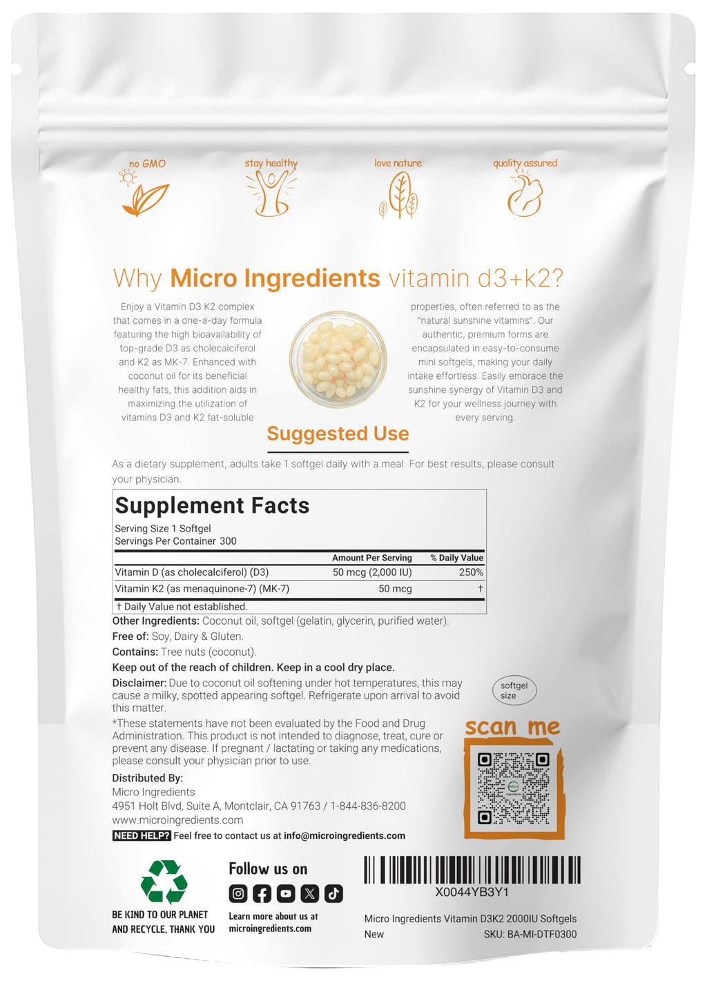 Micro Ingredients Vitamin D3 2,000 IU + K2 MK-7 50 mcg Softgels | Virgin Coconut Oil | 2-in-1 Bone, Immune & Heart Support