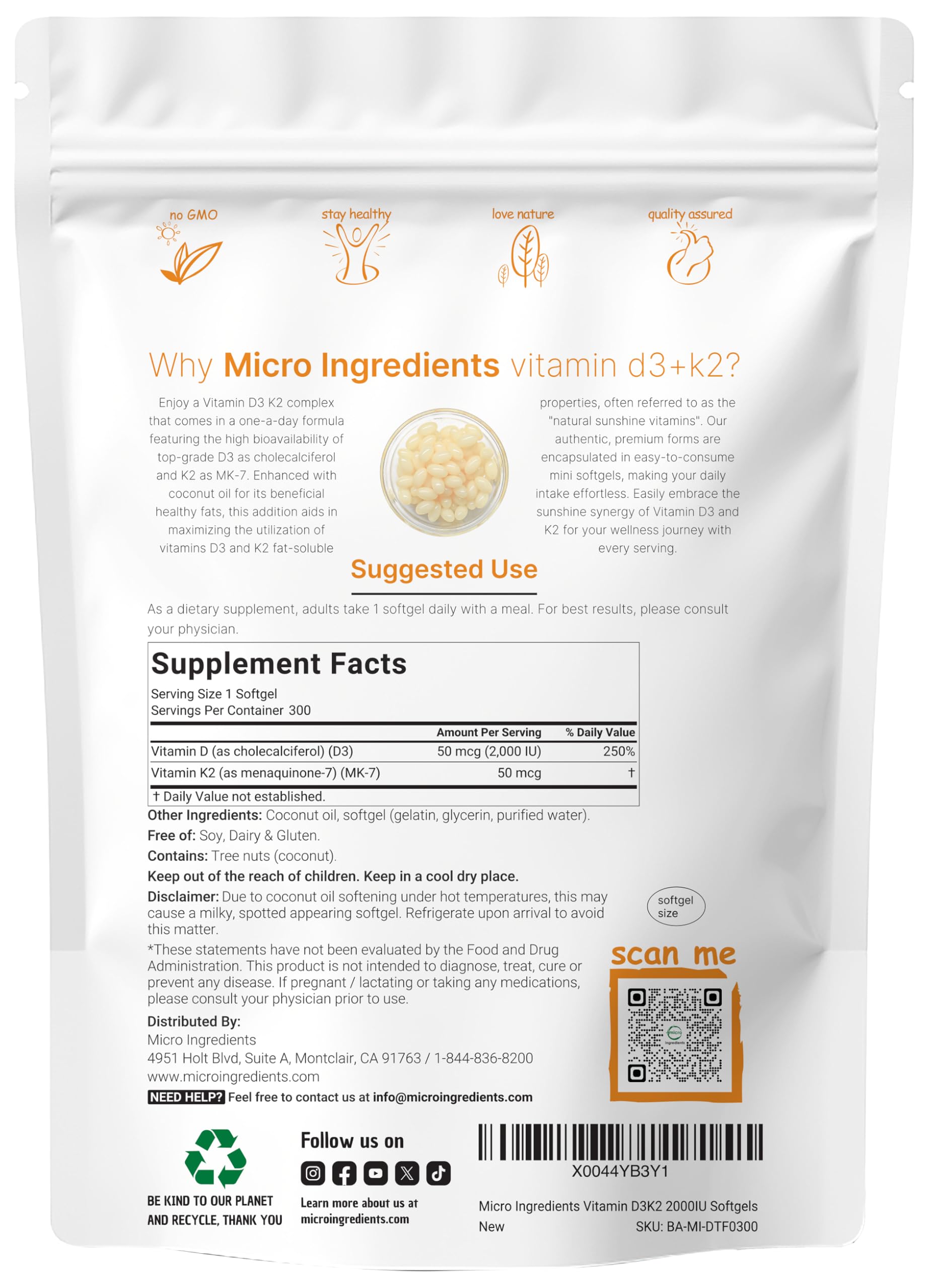 Micro Ingredients Vitamin D3 2,000 IU + K2 MK-7 50 mcg Softgels | Virgin Coconut Oil | 2-in-1 Bone, Immune & Heart Support