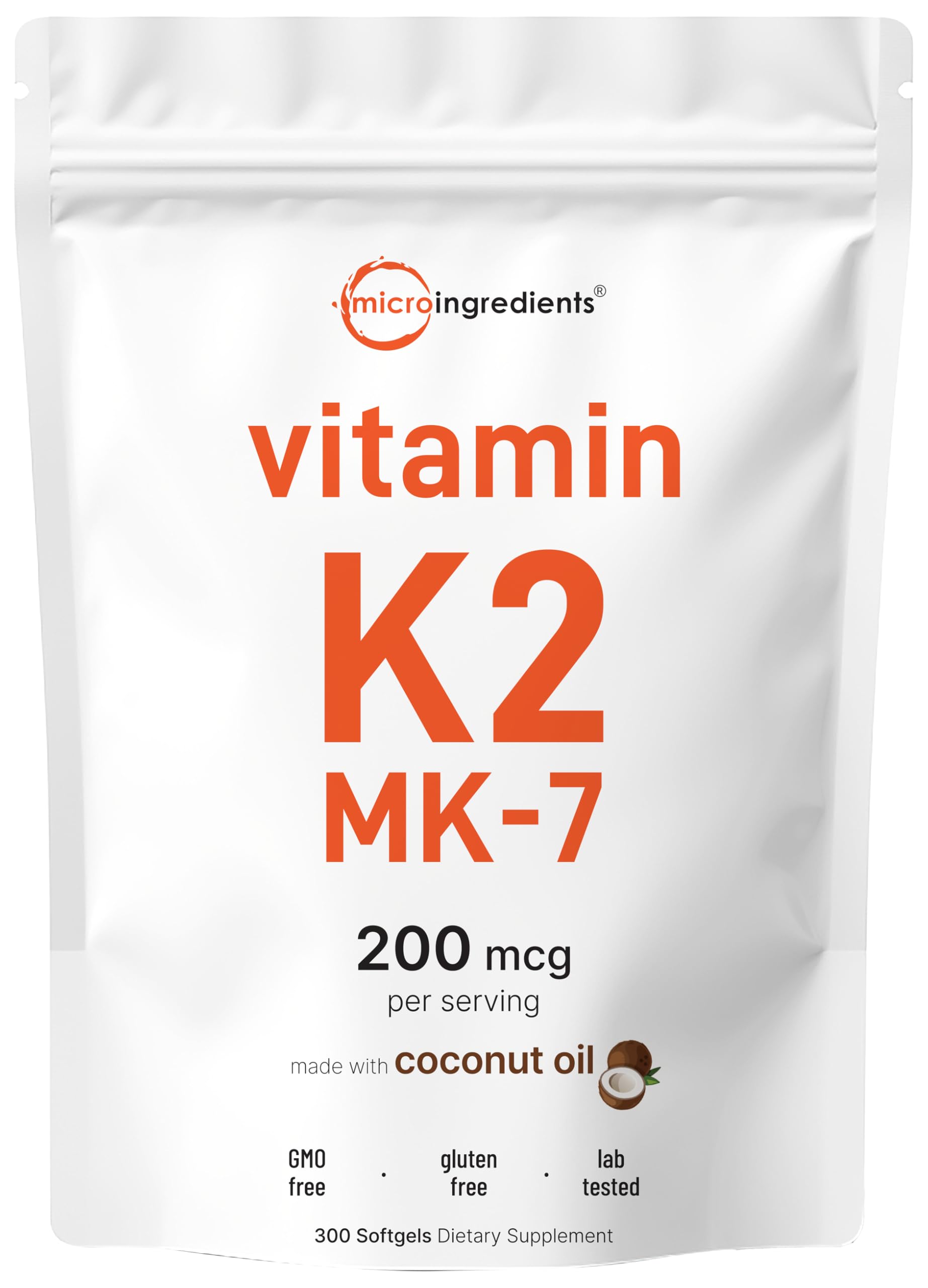 Micro Ingredients Vitamin K2 MK-7 Supplement – 200 mcg per Serving, 300 Coconut Oil Softgels, Non-GMO