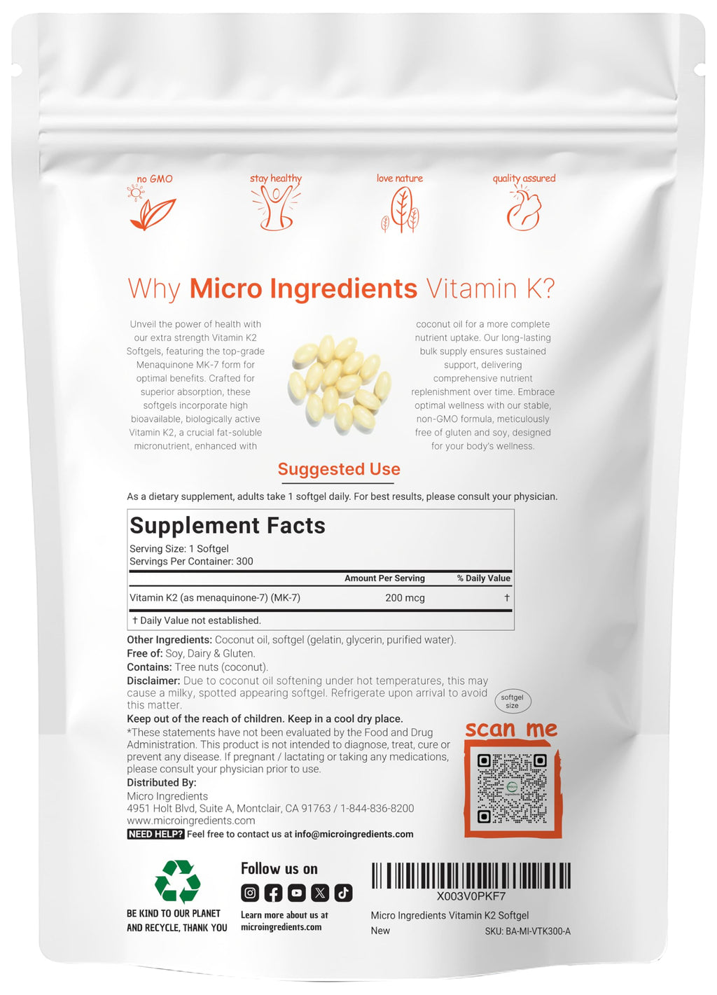Micro Ingredients Vitamin K2 MK-7 Supplement – 200 mcg per Serving, 300 Coconut Oil Softgels, Non-GMO