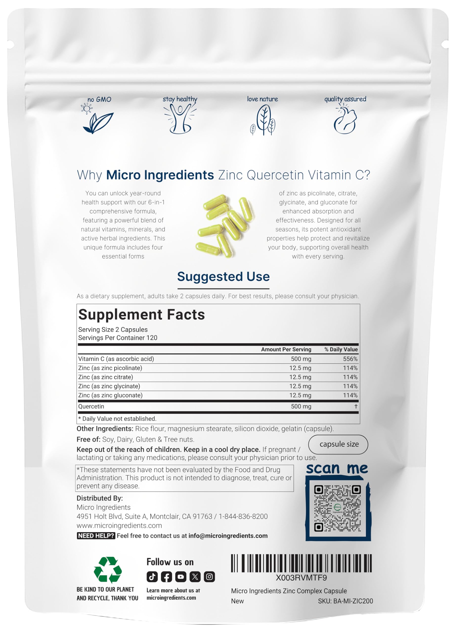 Micro Ingredients Zinc Quercetin with Vitamin C – 240 Capsules | Immune Support (Quercetin 500mg, Vitamin C 500mg, Zinc 50mg)