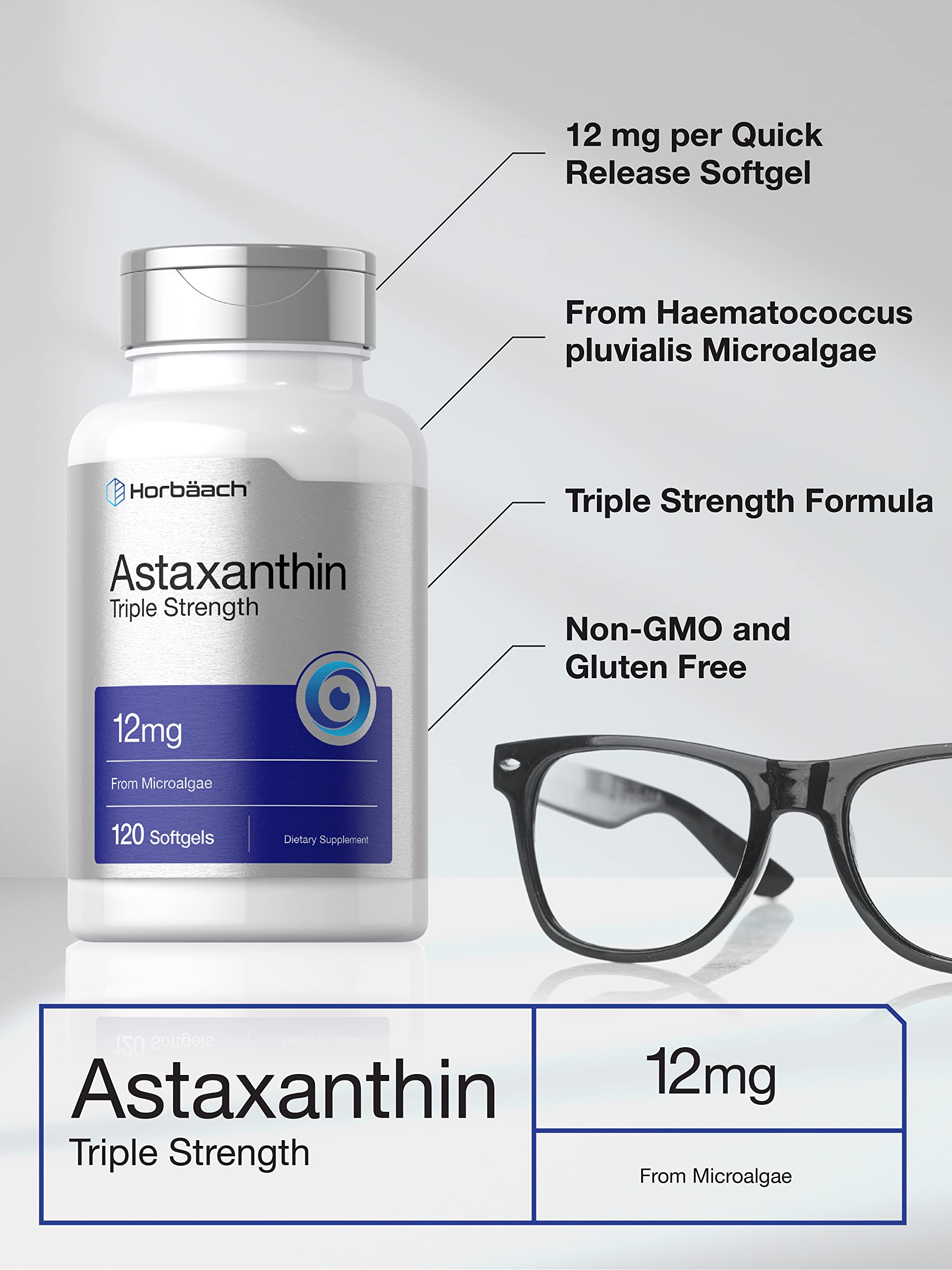 Horbäach Astaxanthin Supplement – 12mg, 120 Softgels, Triple Strength