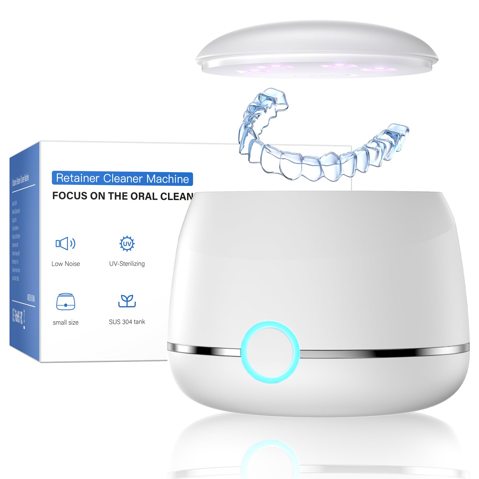 Midomi Ultrasonic Retainer Cleaner 45kHz (White) | 5min/10min Modes | USB-C Rechargeable UV Lid