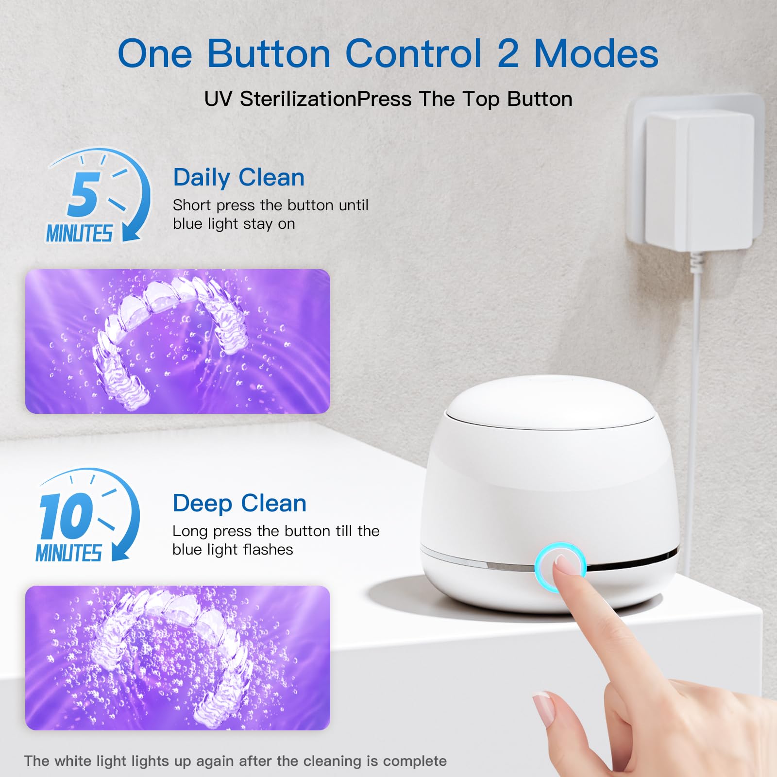 Midomi Ultrasonic Retainer Cleaner 45kHz (White) | 5min/10min Modes | USB-C Rechargeable UV Lid