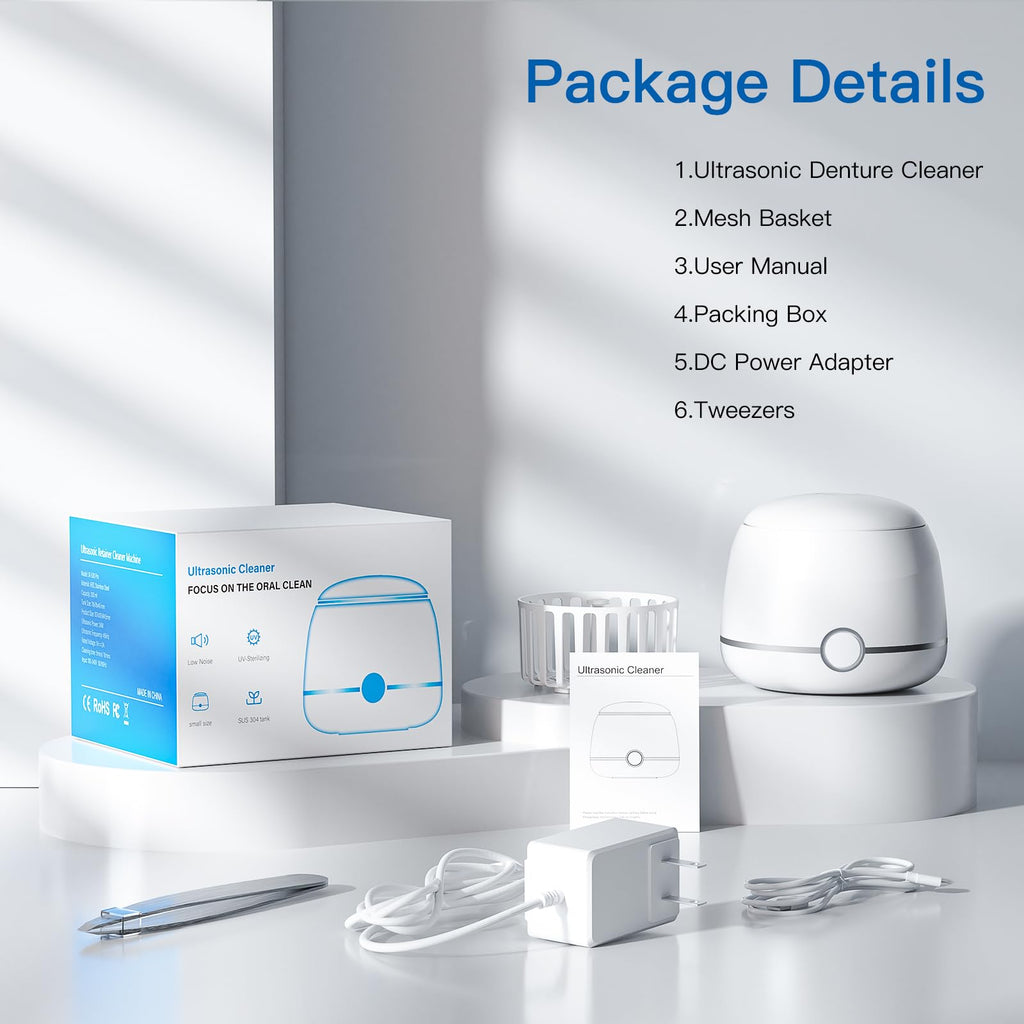 Midomi Ultrasonic Retainer Cleaner 45kHz (White) | 5min/10min Modes | USB-C Rechargeable UV Lid
