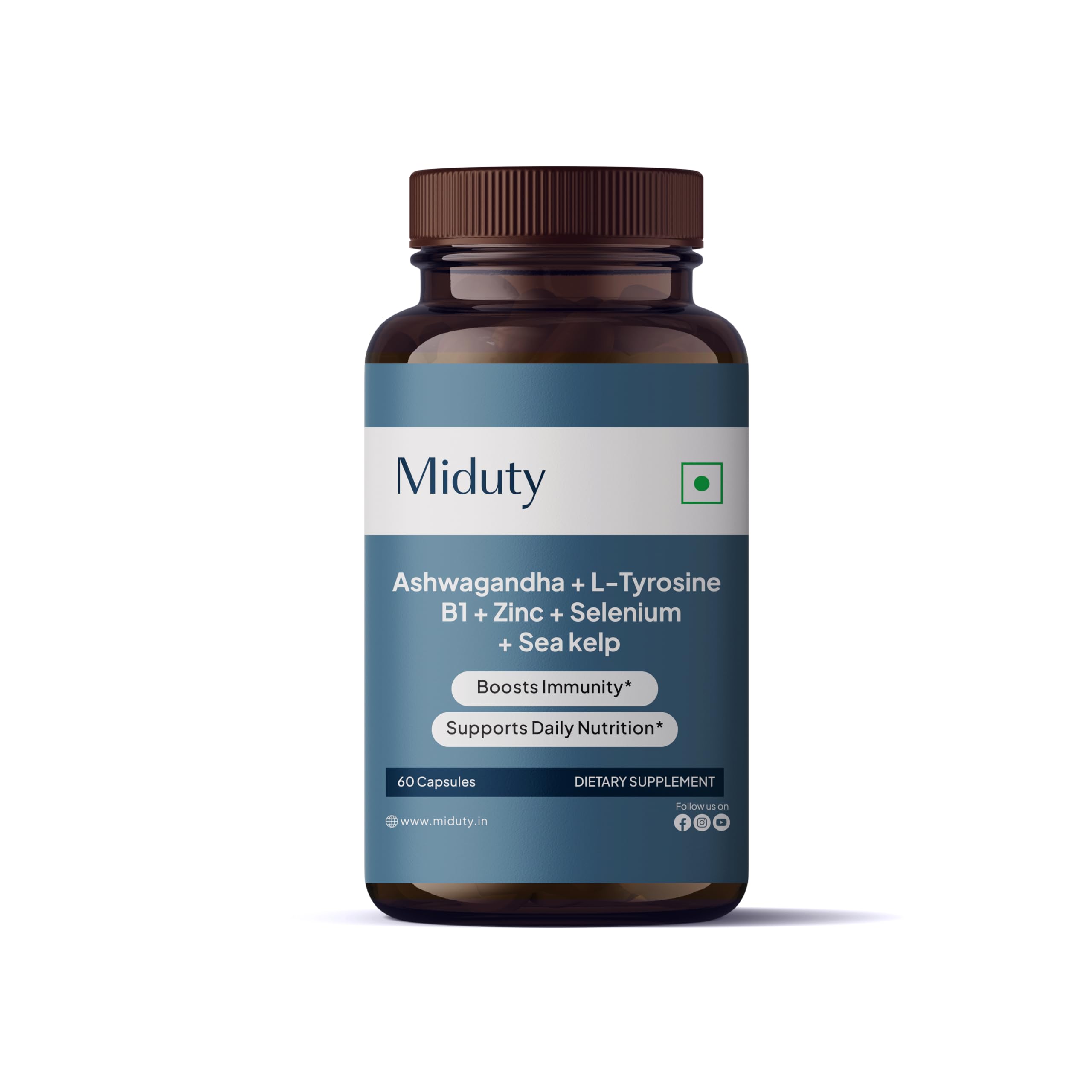 Miduty KSM-66 Ashwagandha + Organic Sea Kelp - L-Tyrosine, Iodine - 60 Capsules