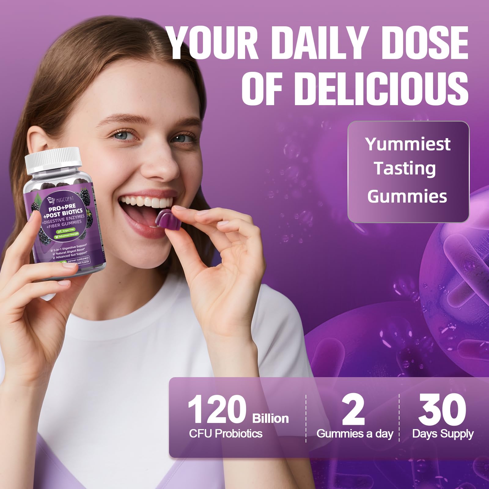 Migcopat Pre Post Probiotics Gummies – 5 in 1 Digestive Support, Blackberry Flavor, 120B CFU, Sugar Free & Vegan | 120 Ct