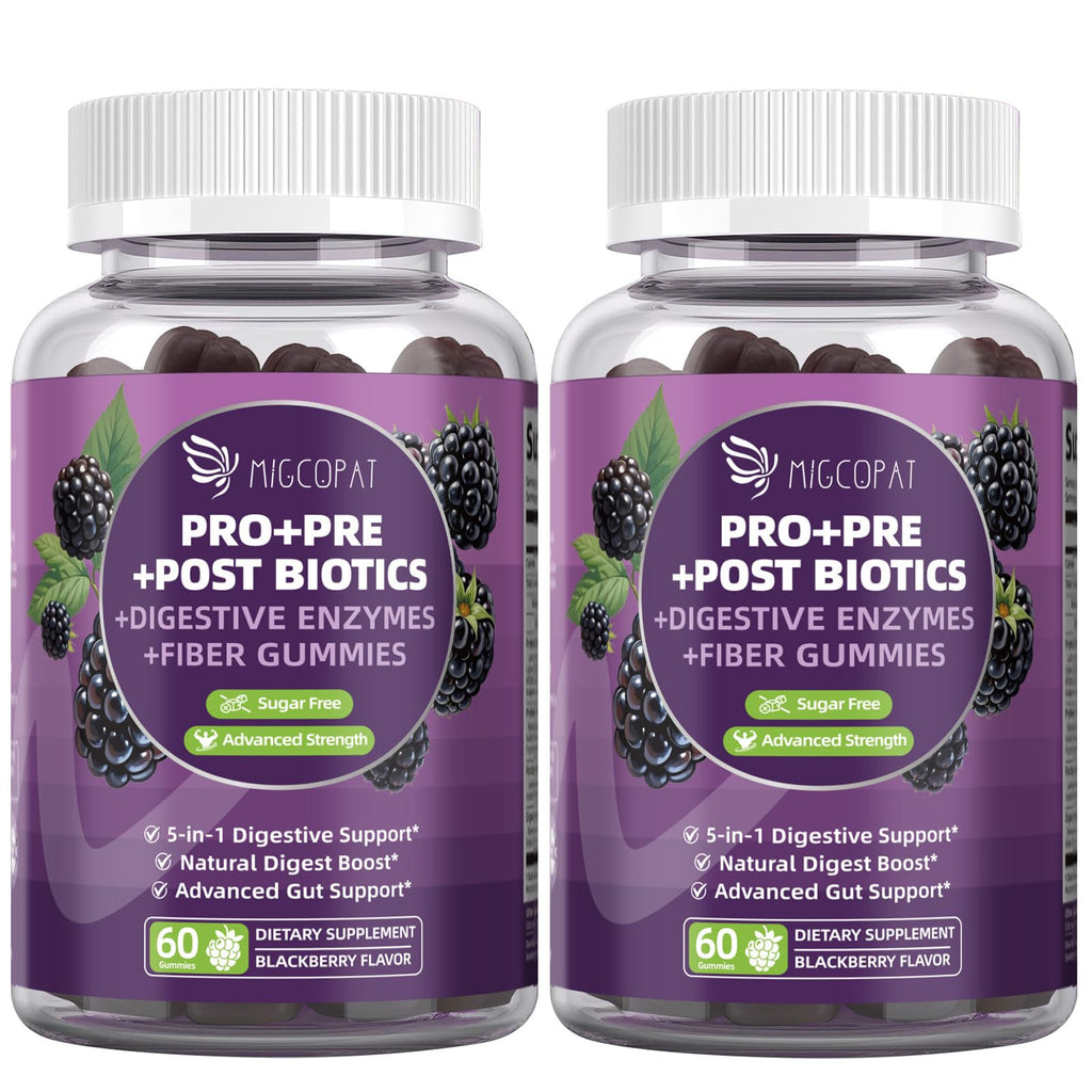 Migcopat Pre Post Probiotics Gummies – 5 in 1 Digestive Support, Blackberry Flavor, 120B CFU, Sugar Free & Vegan | 120 Ct