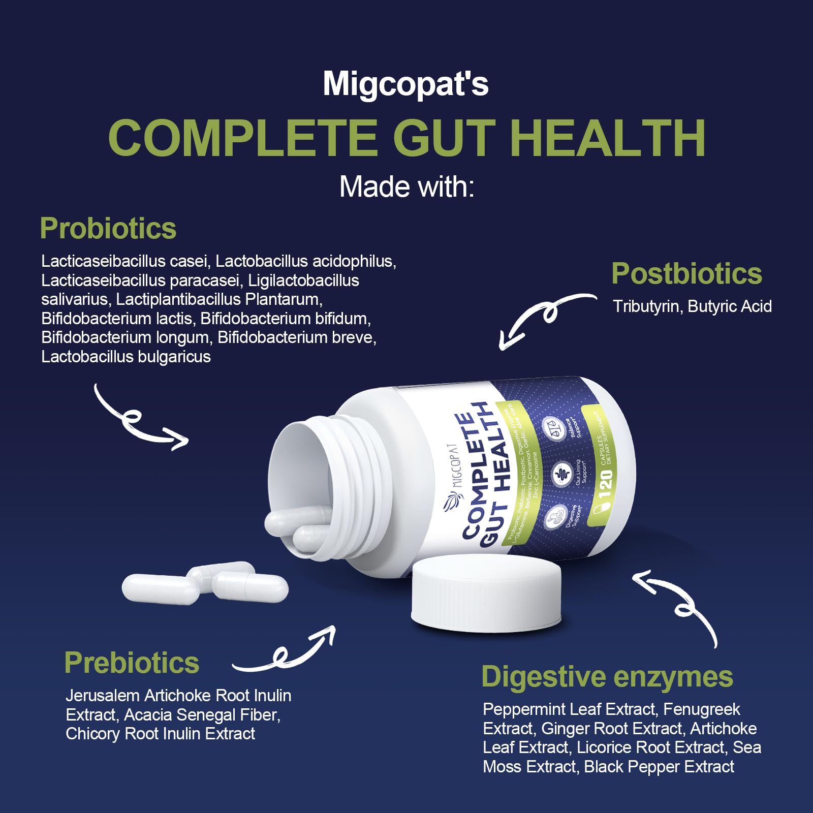 Migcopat Probiotic Prebiotic Postbiotic & Digestive Enzymes – 80B CFU, 120 Capsules