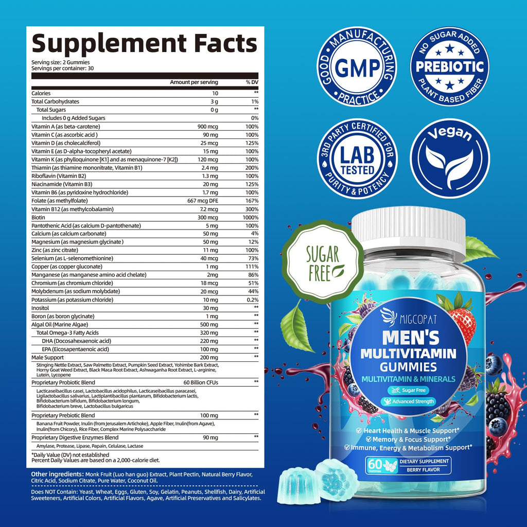 Migcopat Multivitamin for Men – Sugar-Free Berry Gummies with Omega-3 & Probiotics
