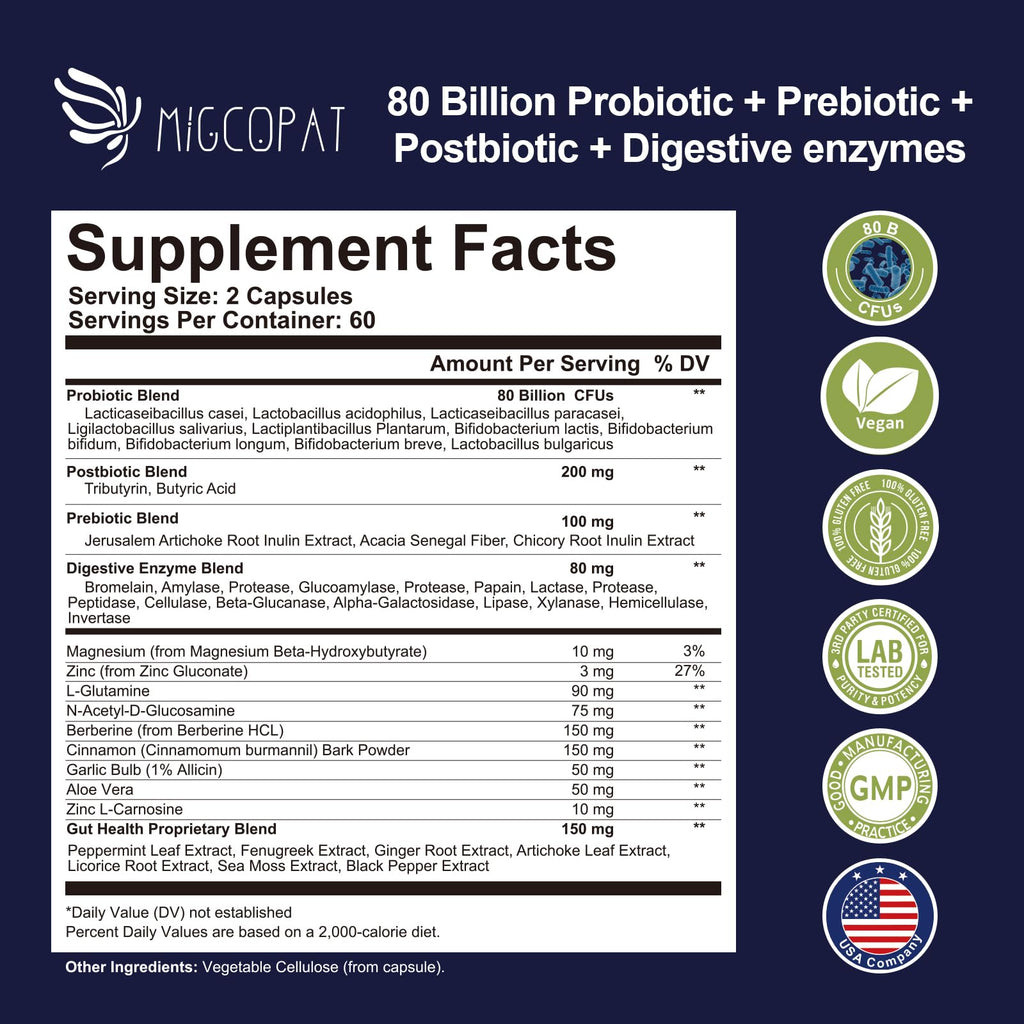 Migcopat Probiotics for Digestive Health – 80B CFU, Prebiotics, Postbiotics & Digestive Enzymes