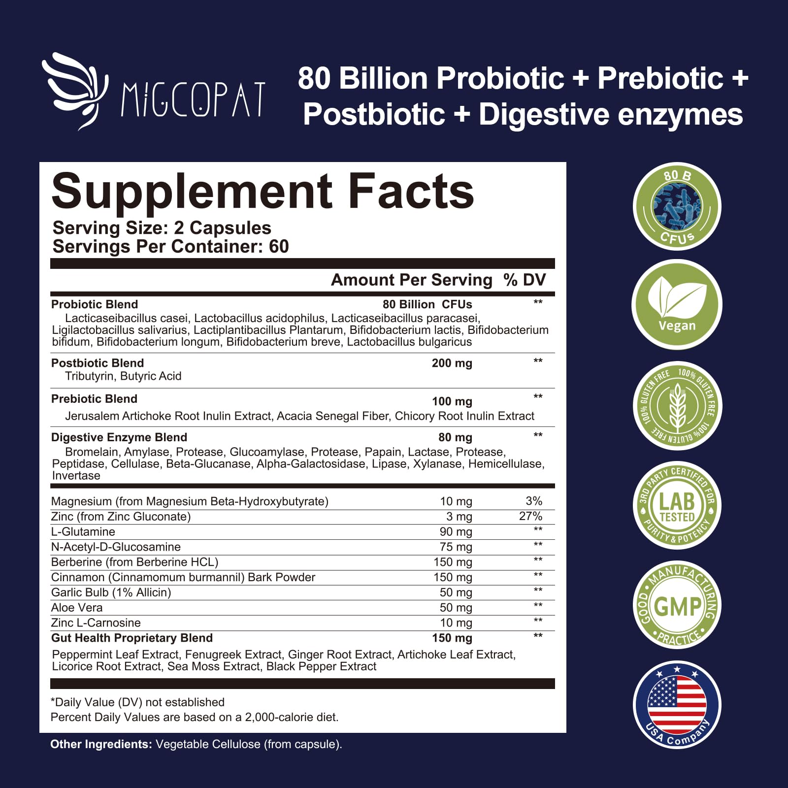 Migcopat Probiotic Prebiotic Postbiotic & Digestive Enzymes – 80B CFU, 120 Capsules