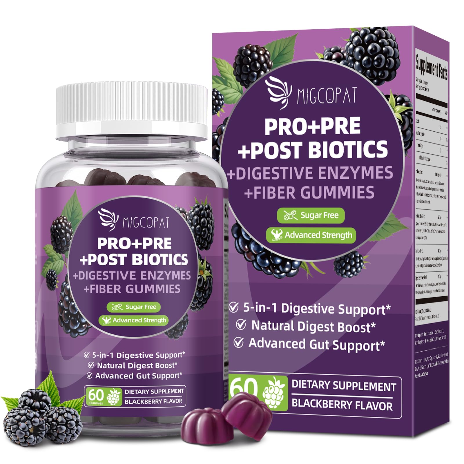Migcopat Pre Post Probiotics Gummies - 5-in-1 Gut Support, 120B CFU, Vegan, Blackberry, 60 ct
