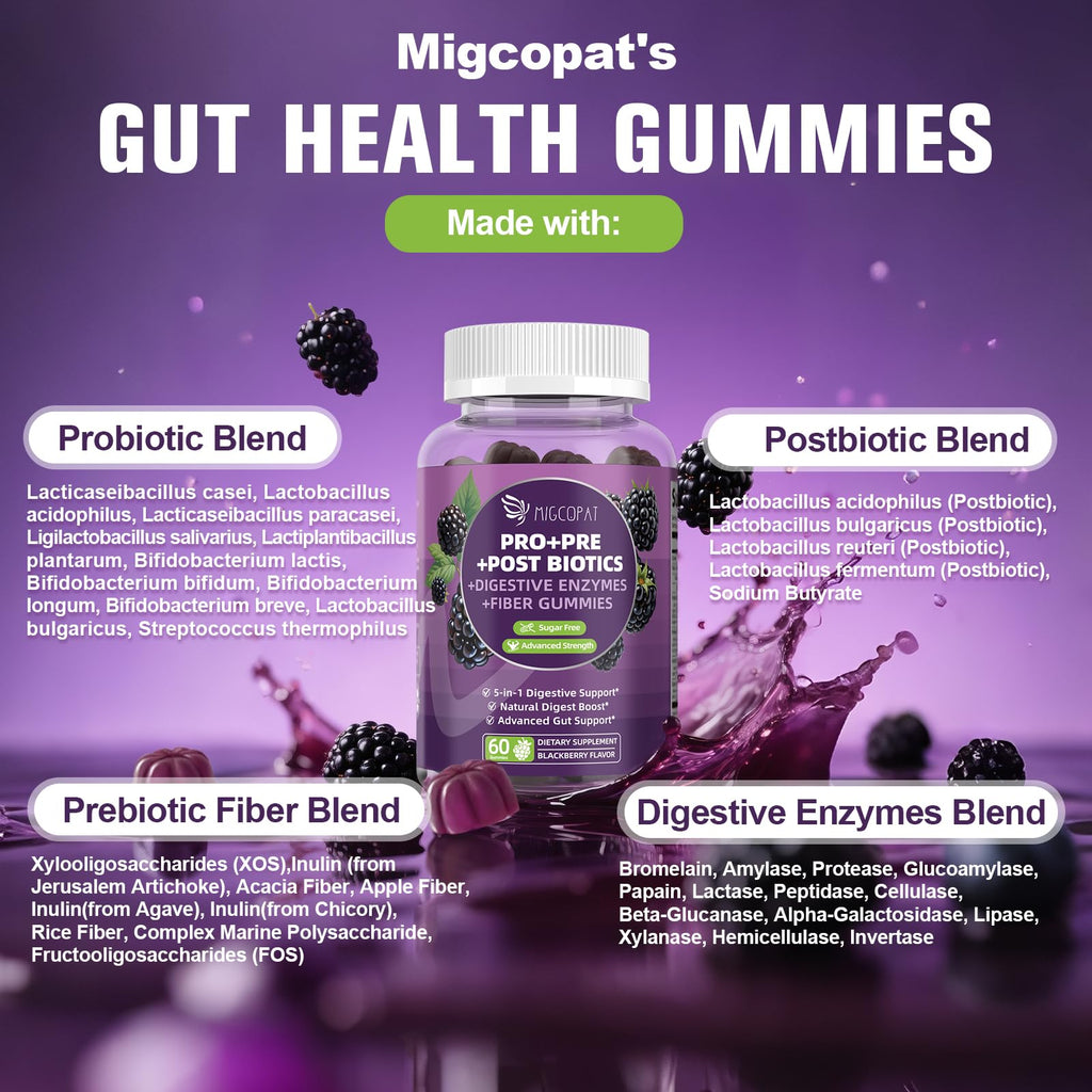 Migcopat Pre Post Probiotics Gummies – 5 in 1 Digestive Support, Blackberry Flavor, 120B CFU, Sugar Free & Vegan | 120 Ct