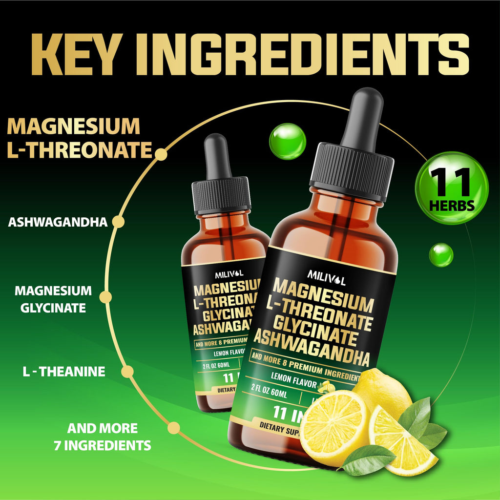 MILIVOL 10in1 Magnesium Drops – Lemon (2oz) | L-Threonate, Glycinate, Ashwagandha