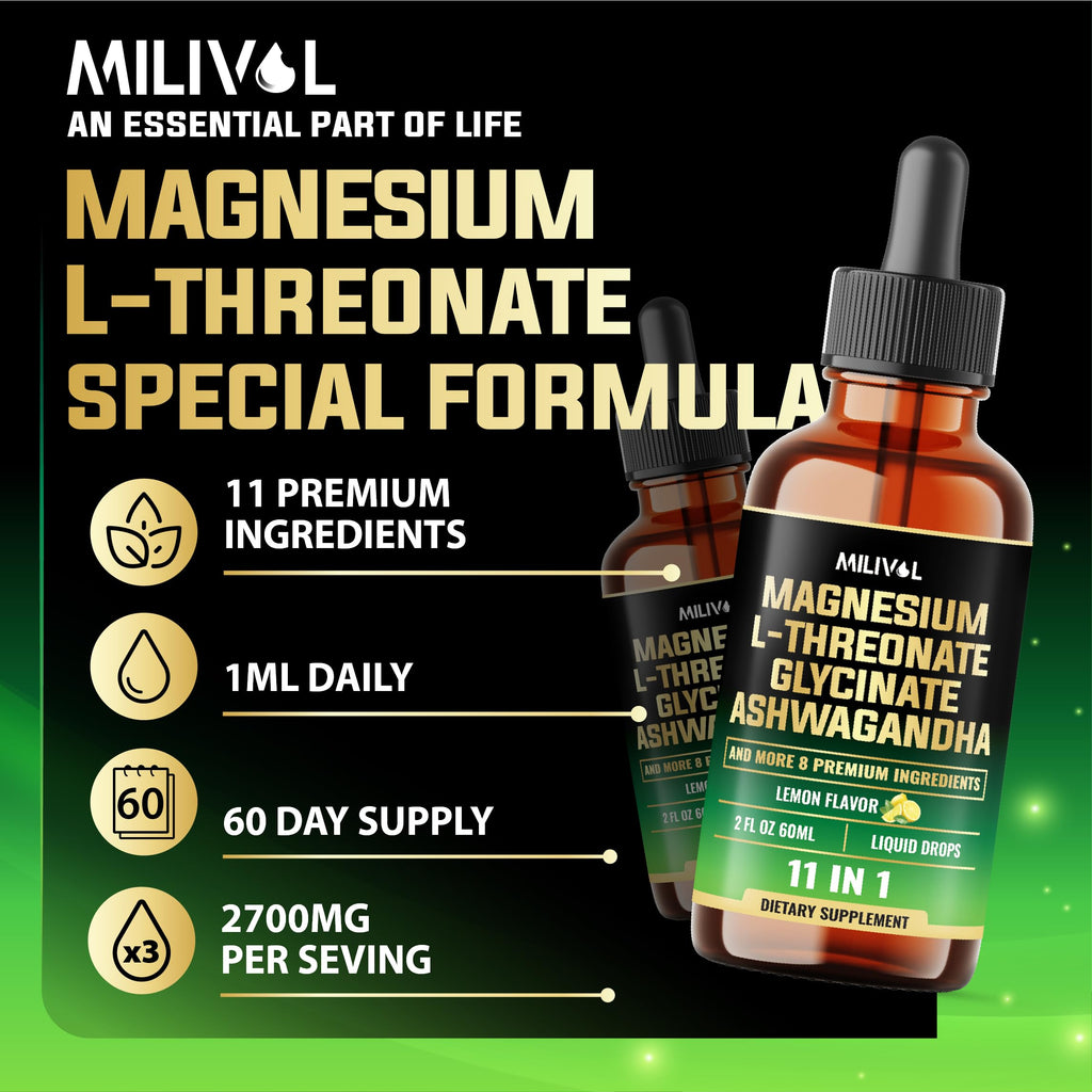 MILIVOL 10in1 Magnesium Drops – Lemon (2oz) | L-Threonate, Glycinate, Ashwagandha