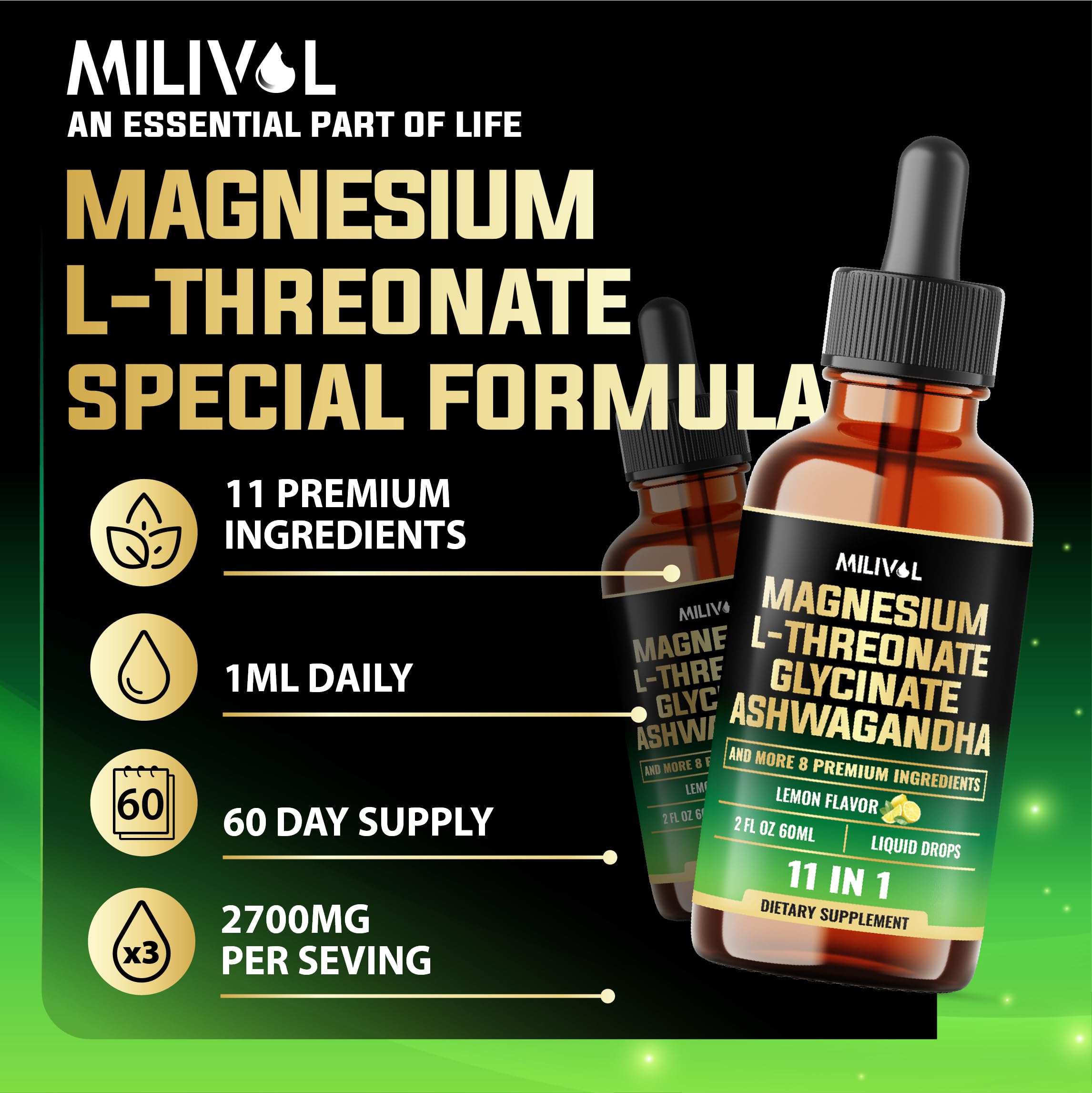 MILIVOL 10in1 Magnesium Drops – Lemon (2oz) | L-Threonate, Glycinate, Ashwagandha