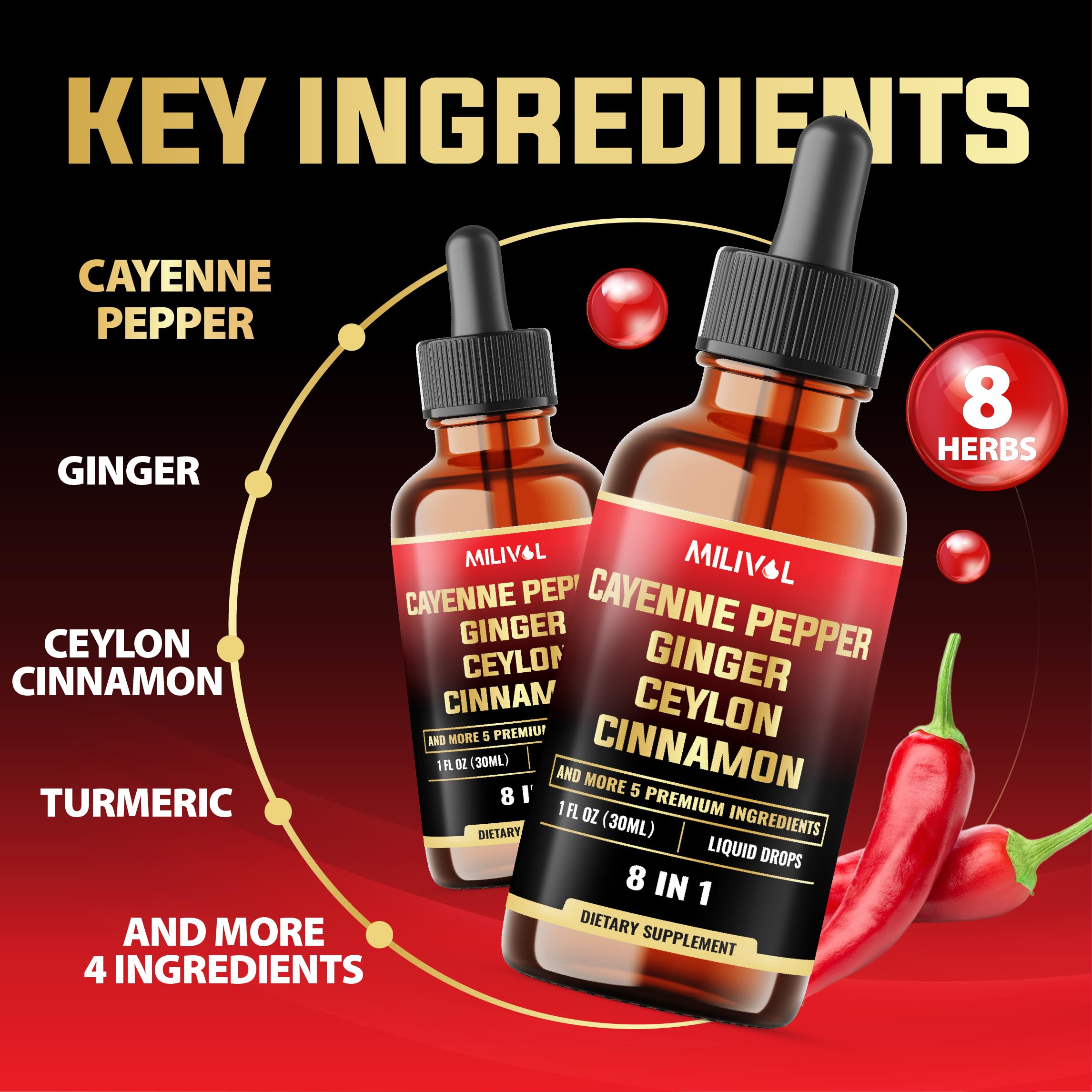 MILIVOL 8in1 Cayenne Pepper Liquid Drops with Ginger, Cinnamon, Turmeric, Berberine – Digestive & Circulatory Health Support (2 x 30ml)