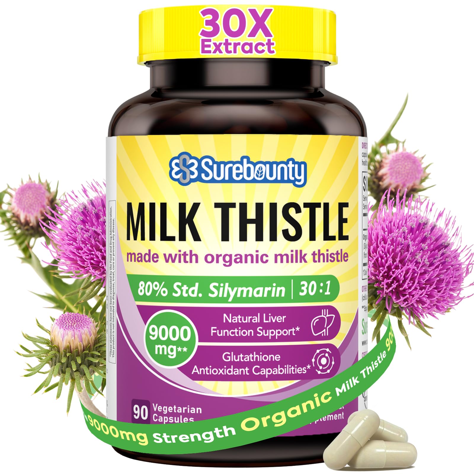 Organic Milk Thistle 9000 mg Equivalent – 30X Extract, 80% Silymarin, Liver Support, 90 Veggie Caps