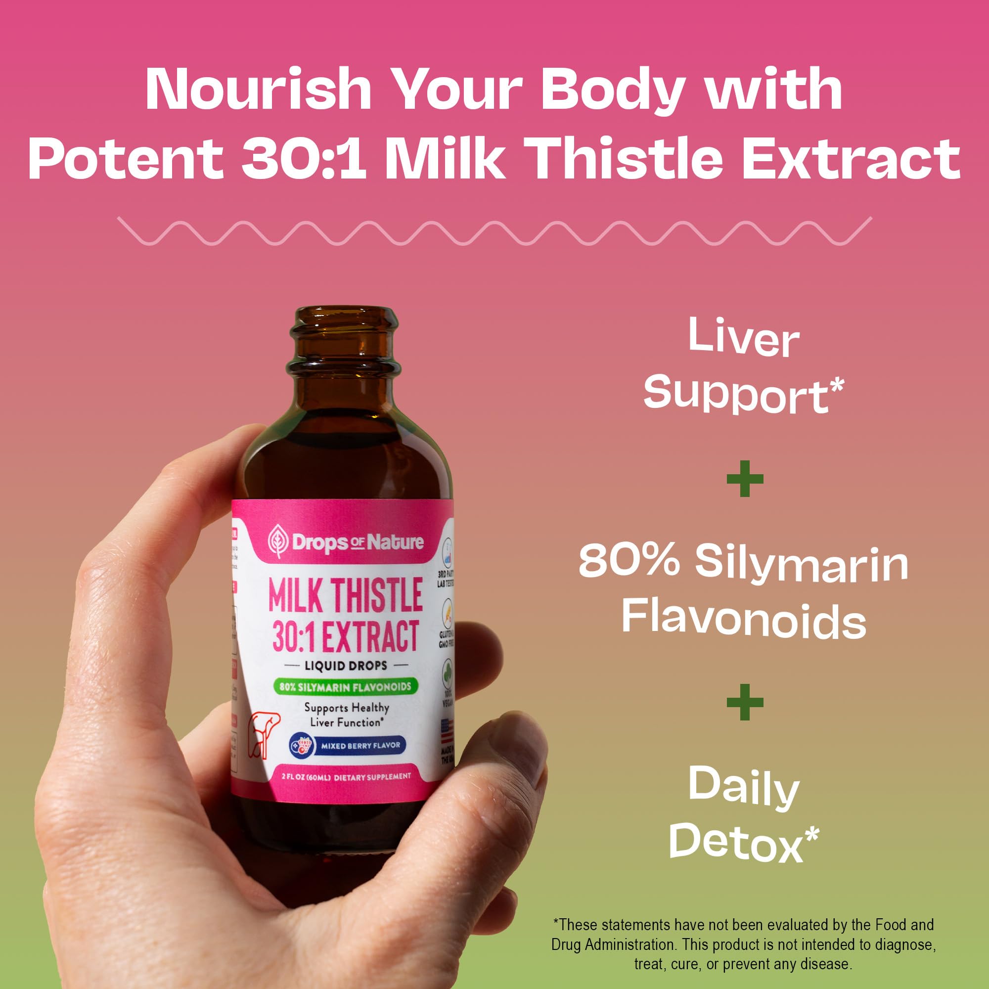 Milk Thistle Drops with 80% Silymarin Flavonoids – Vegan, Non-GMO, Fast-Absorbing – Mixed Berry, 60 mL