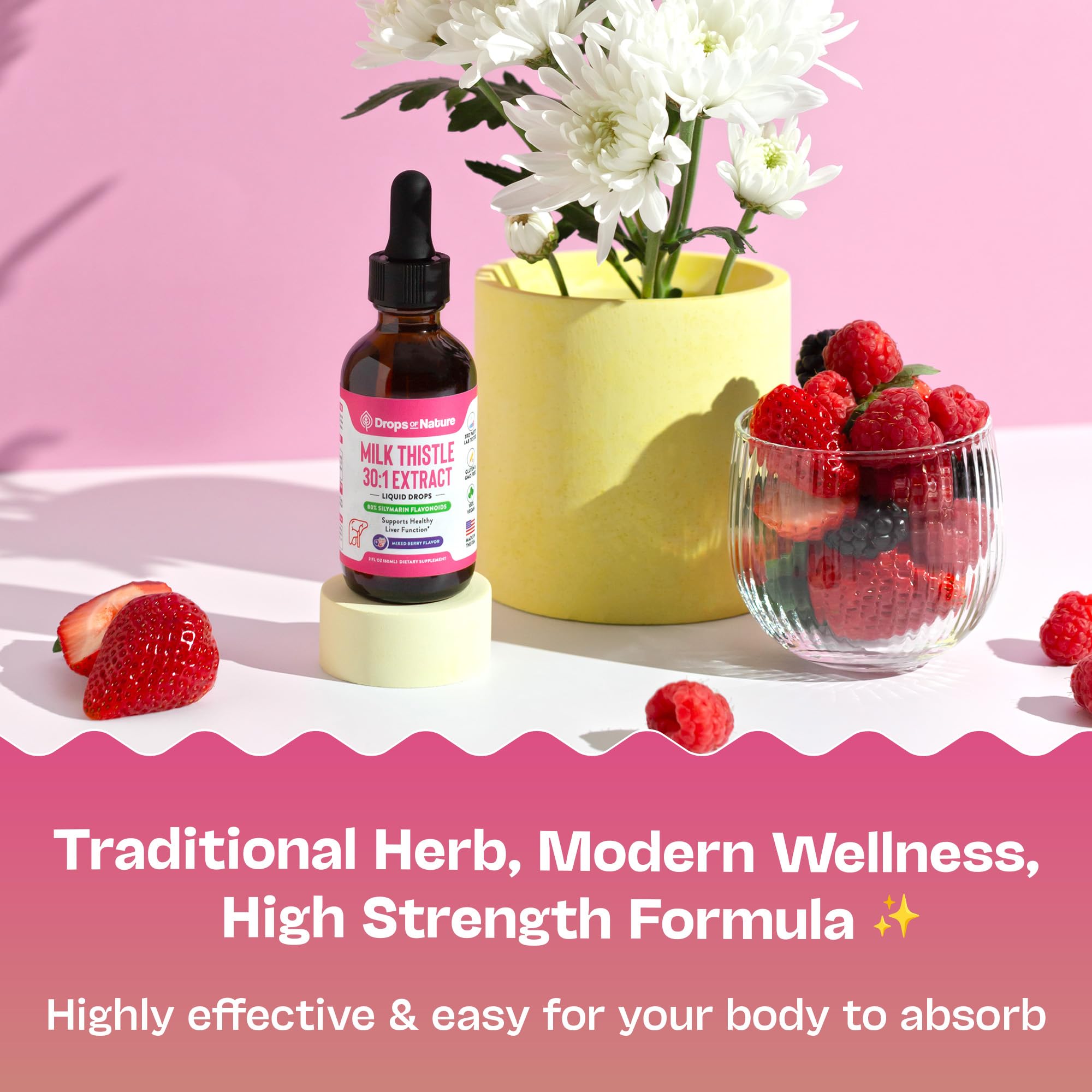 Milk Thistle Drops with 80% Silymarin Flavonoids – Vegan, Non-GMO, Fast-Absorbing – Mixed Berry, 60 mL