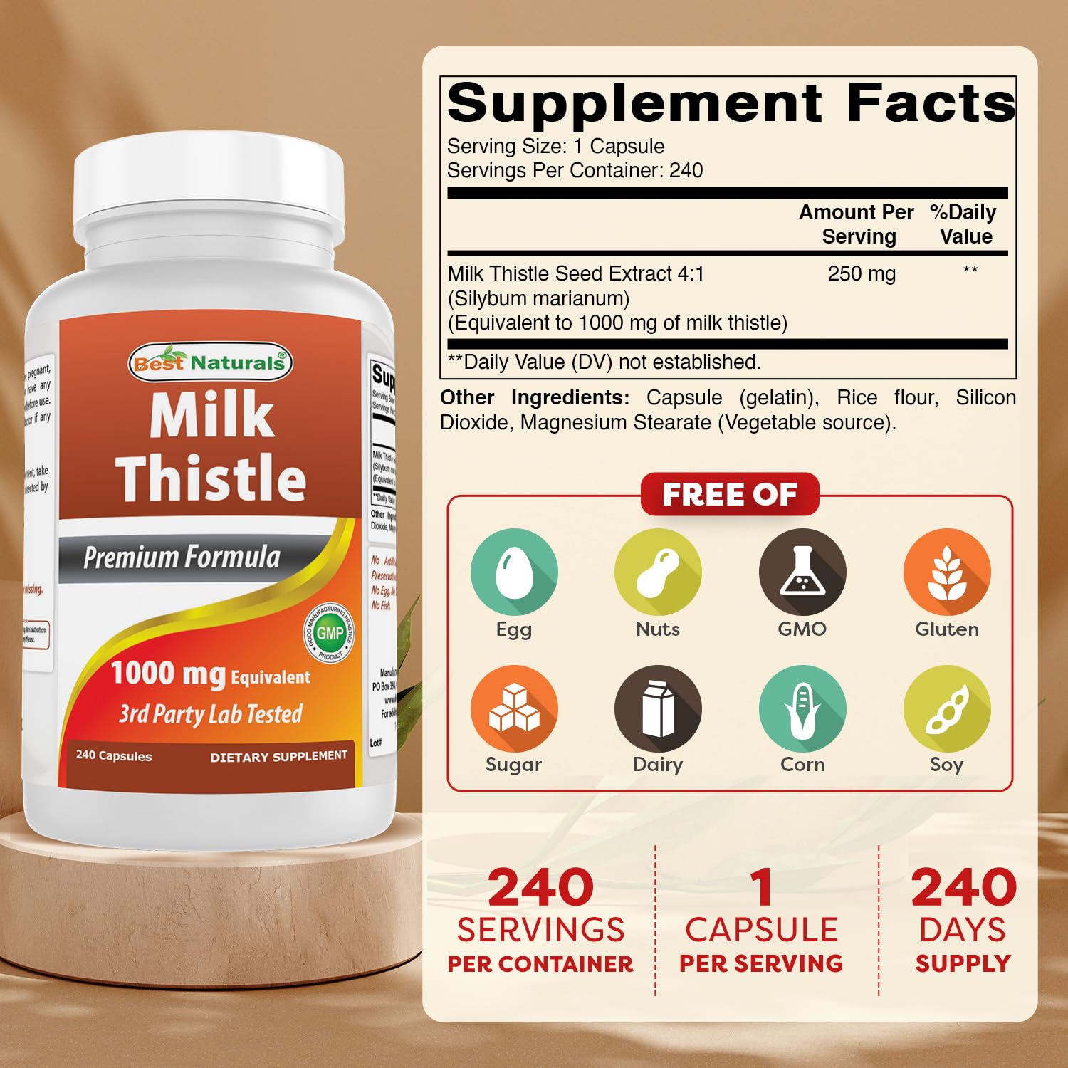 Best Naturals Milk Thistle Extract 1000mg - 240 Capsules | Non-GMO Gluten Free