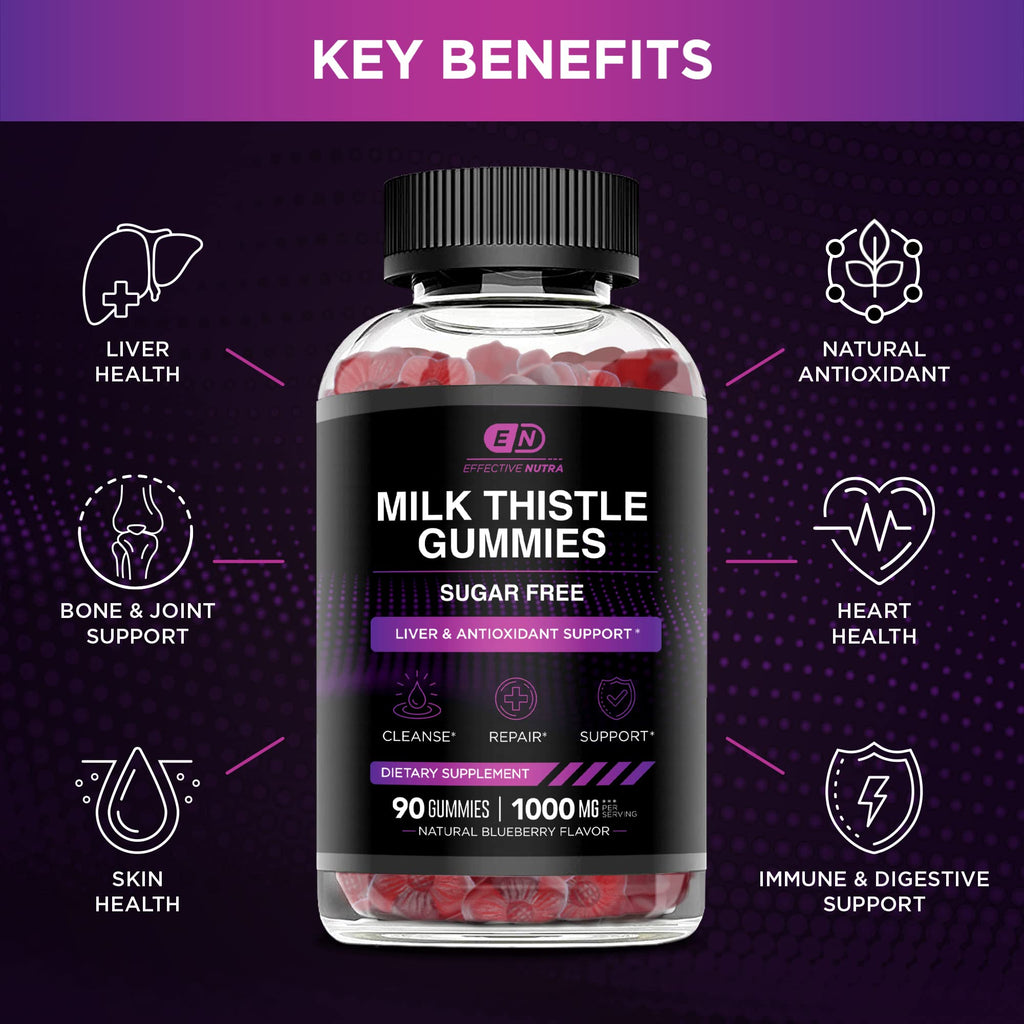 EFFECTIVE NUTRA Milk Thistle Gummies – Sugar-Free 1000mg Liver Detox | 90 Count