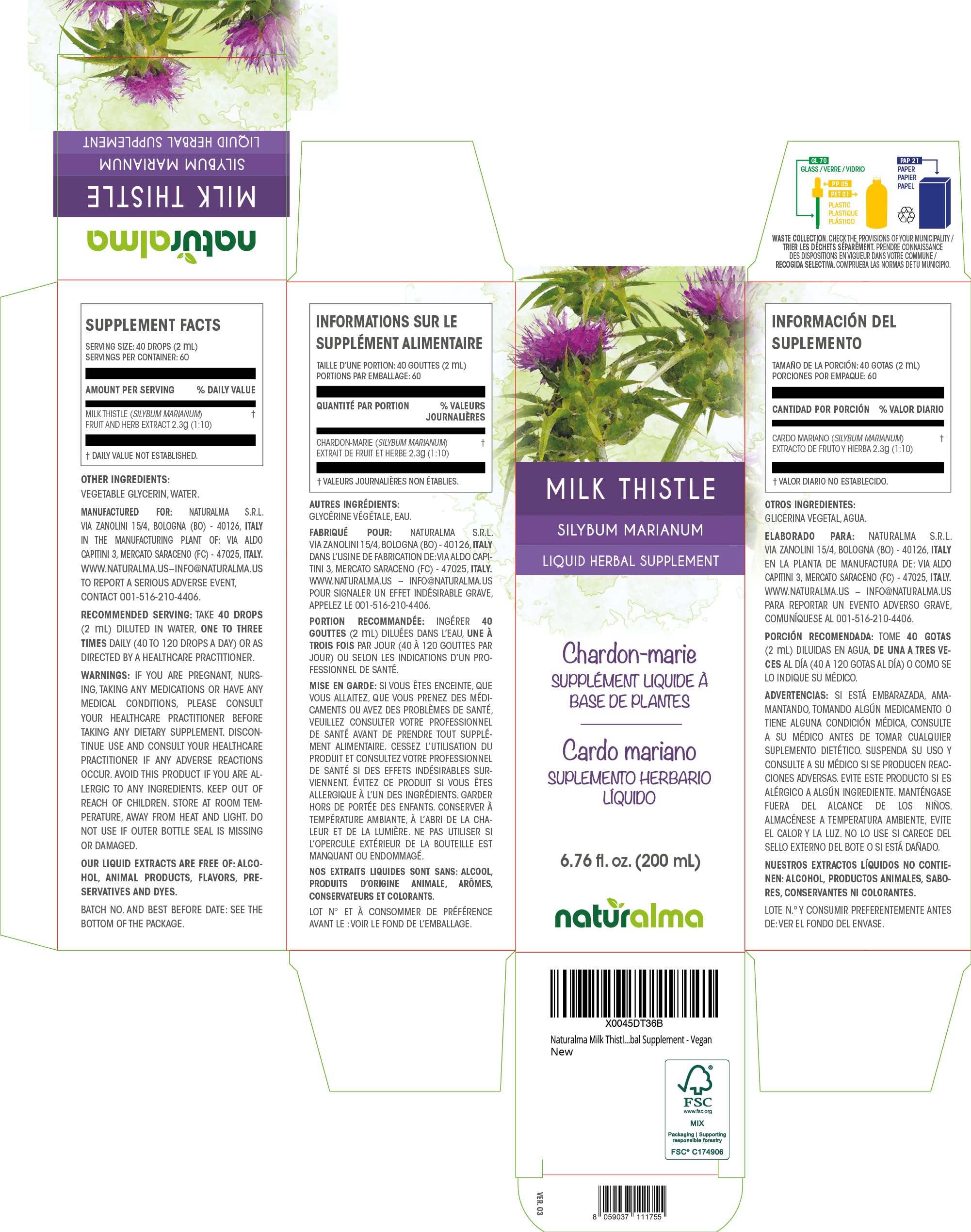 Naturalma Milk Thistle Tincture (Silybum marianum) – Alcohol-Free, 6.76 fl oz, Vegan