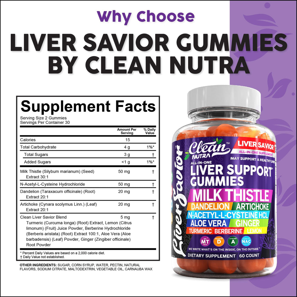 Clean Nutra Liver Cleanse Detox & Repair Gummies | Milk Thistle Gummy Liver Support Vitamins | Dandelion, Artichoke, Aloe Vera, Ginger, Berberine, Lemon, N-Acetyl-L-Cysteine, Turmeric Supplement HCL