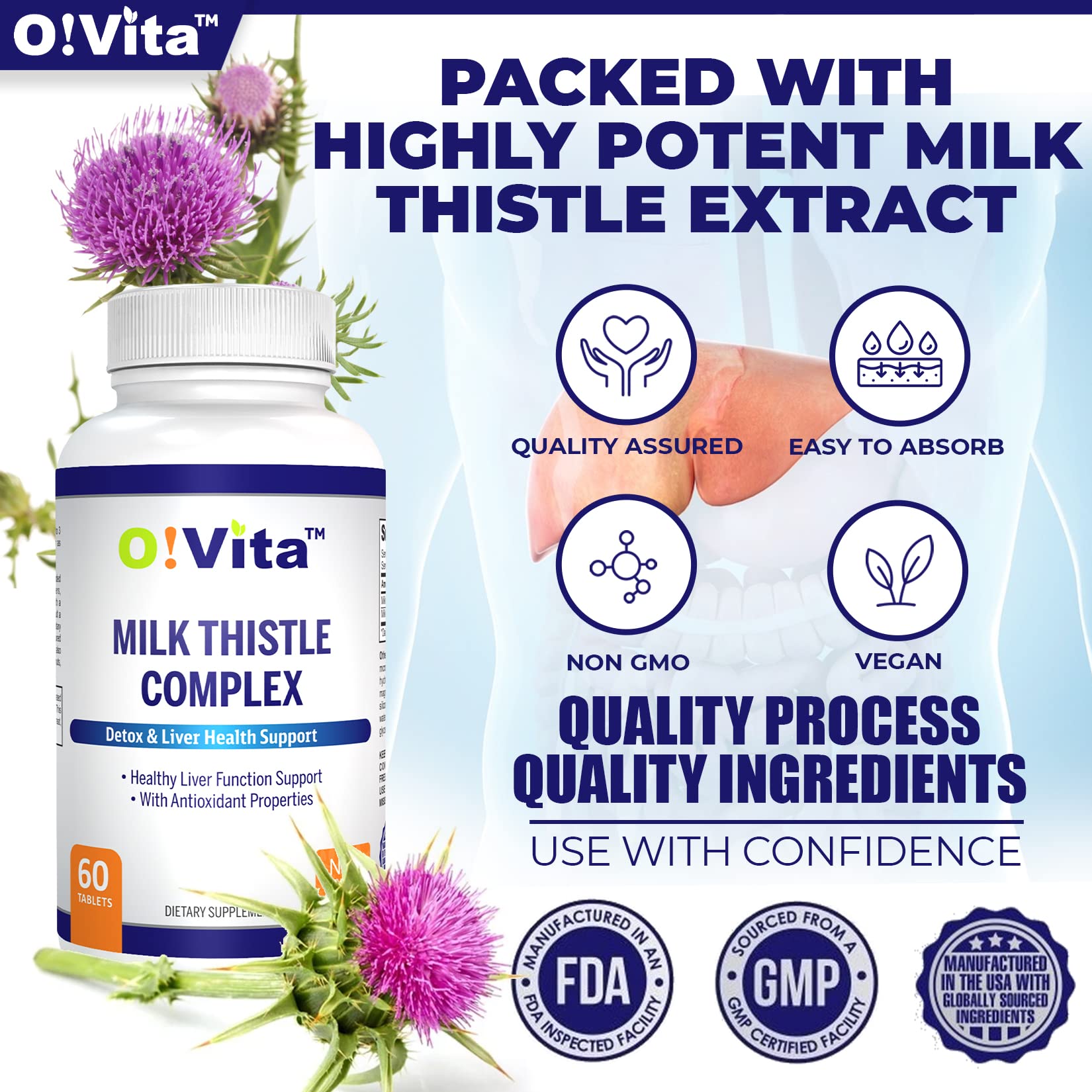 O!VITA Milk Thistle Complex 450mg - Supports Healthy Liver Function - 60 Non-GMO Vegan Tablets