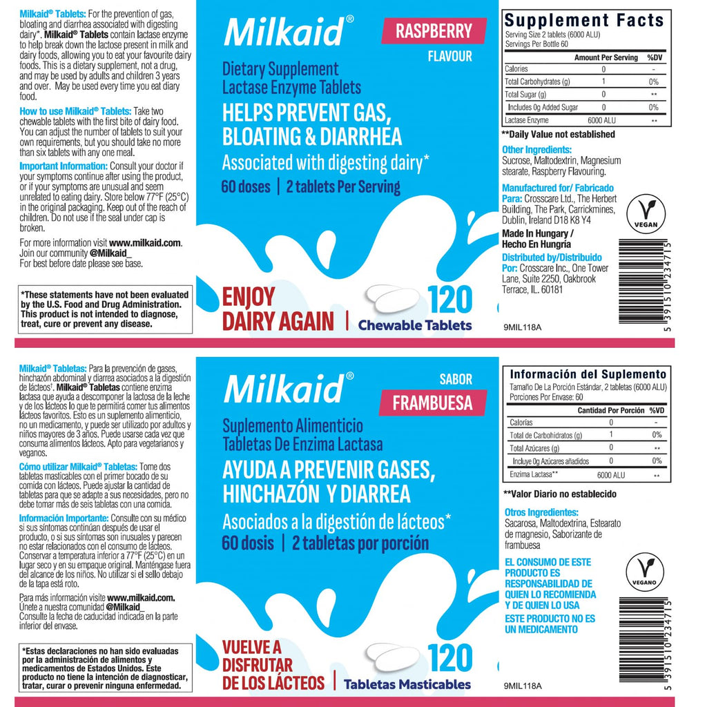 Milkaid Lactase Chewables – Lactose Intolerance Relief | Fast Acting Dairy Digestive Supplement (120 Tablets, Raspberry)