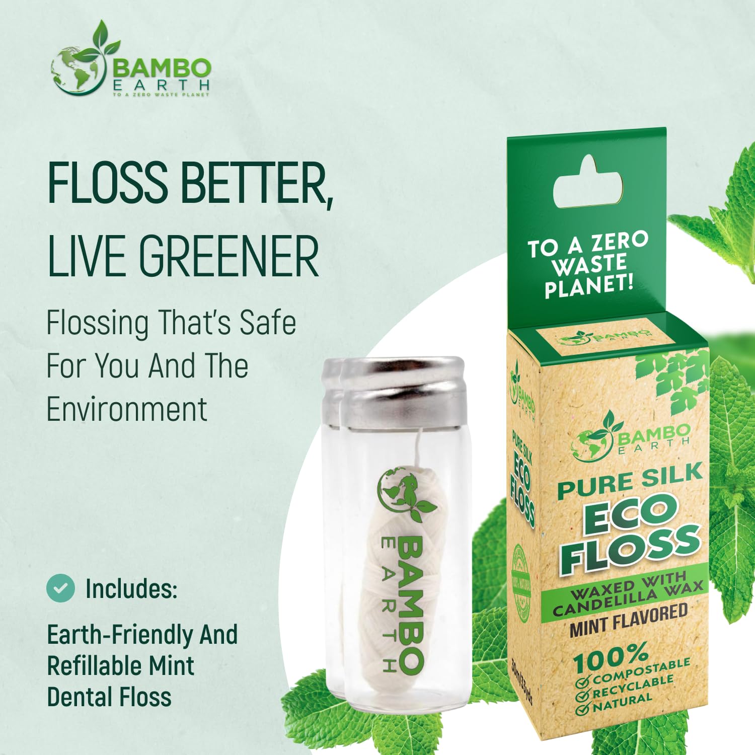 Biodegradable Mint Dental Floss with Refillable Glass Holder – 100% Organic, Compostable, Zero Waste Packaging
