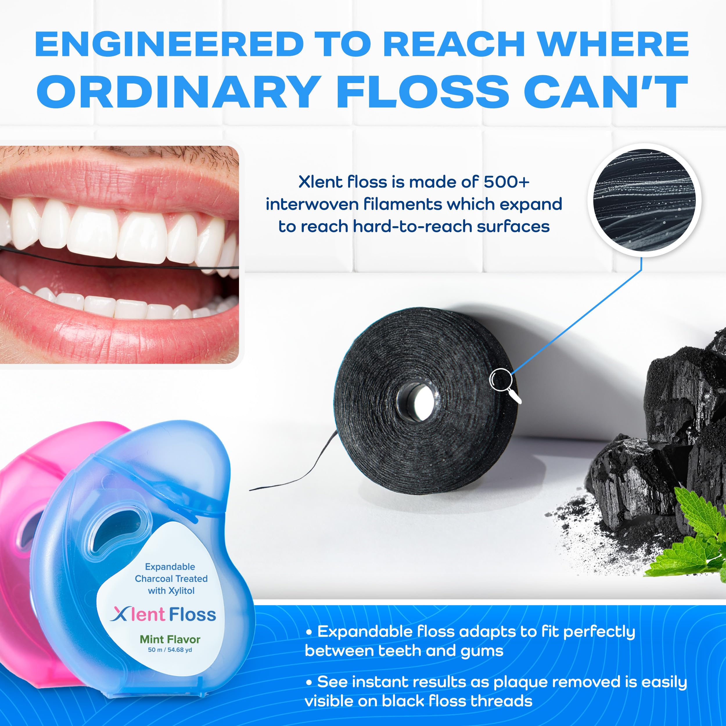 Expandable Charcoal Dental Floss with Xylitol & Mint – PFAS/PTFE Free | Pack of 2 (50 m each)