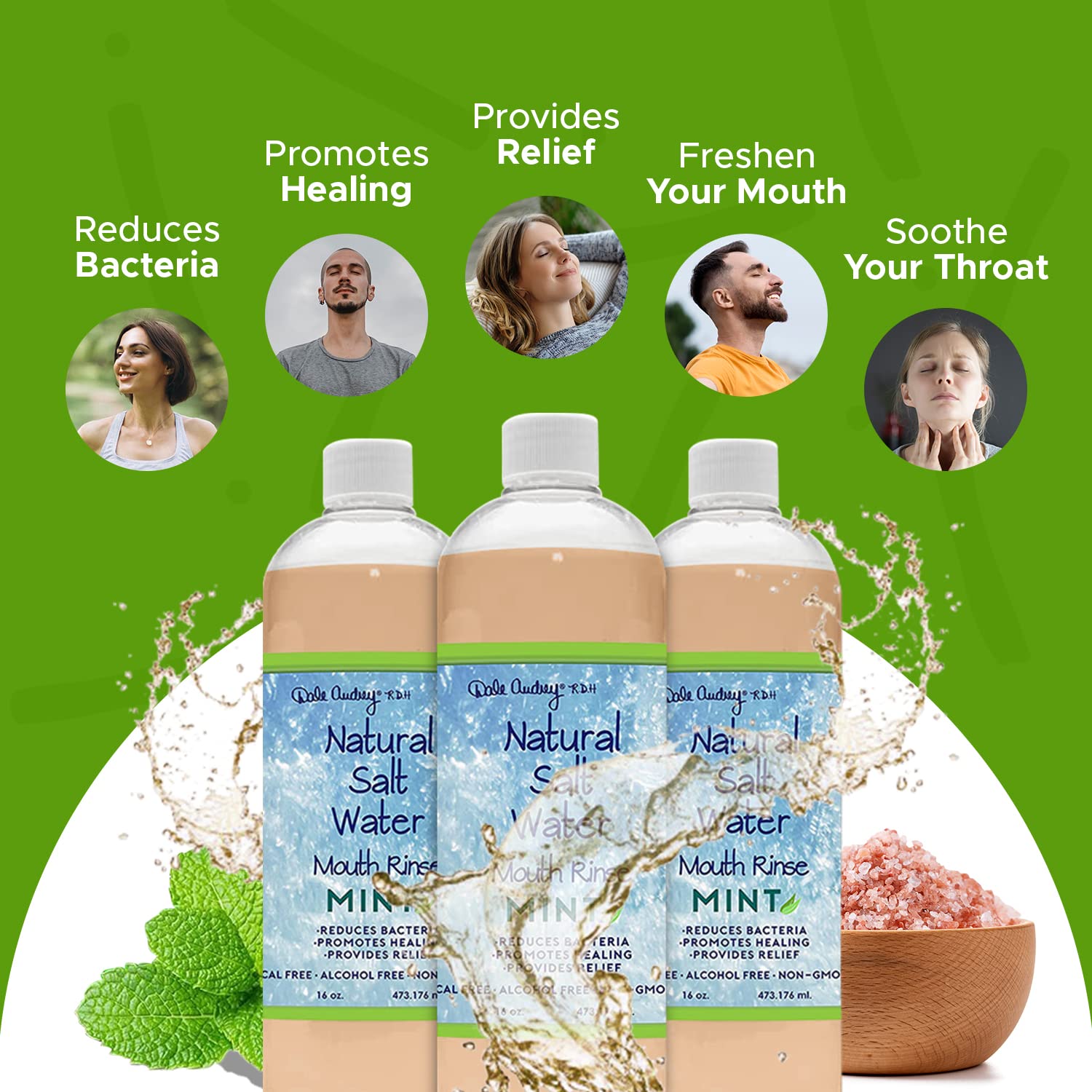 3 Pack Natural Saltwater Mouth Rinse – Himalayan Pink Salt, Mint Flavor, Fluoride & Alcohol Free, 16 fl oz