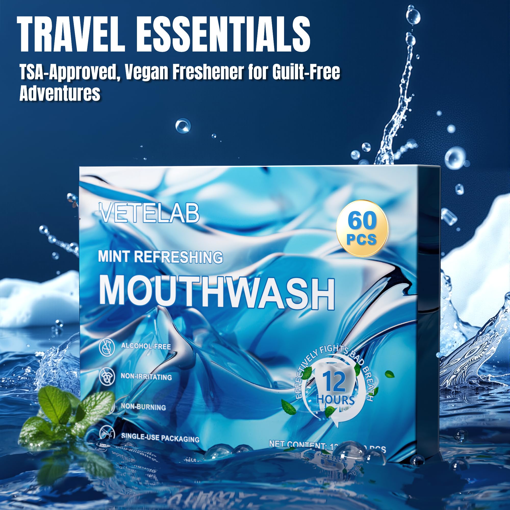 Portable Travel Mouthwash Packets – TSA-Approved 0.4oz, Alcohol-Free, Fluoride-Free, 60 Count