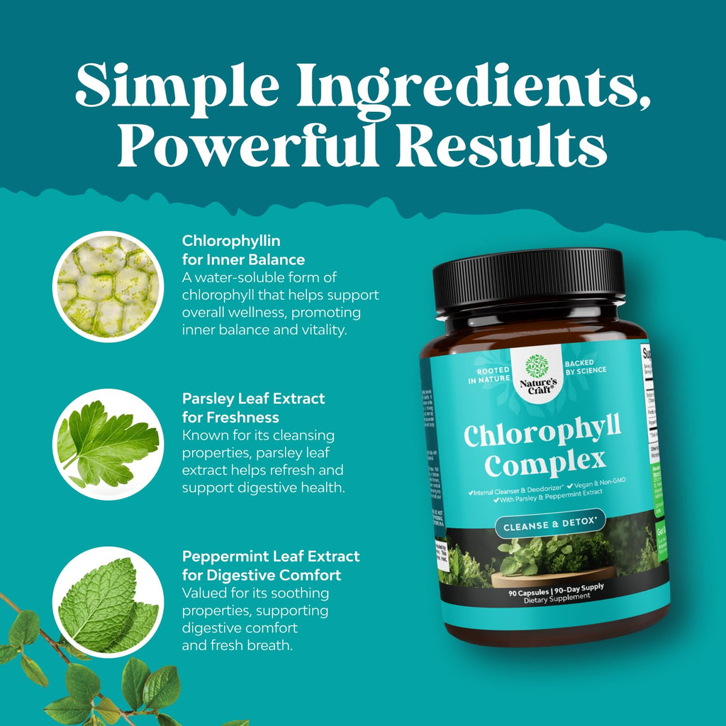 Chlorophyll Capsules for Body Odor & Detox | Mint & Parsley | Vegan Non-GMO Gluten Free (90ct)