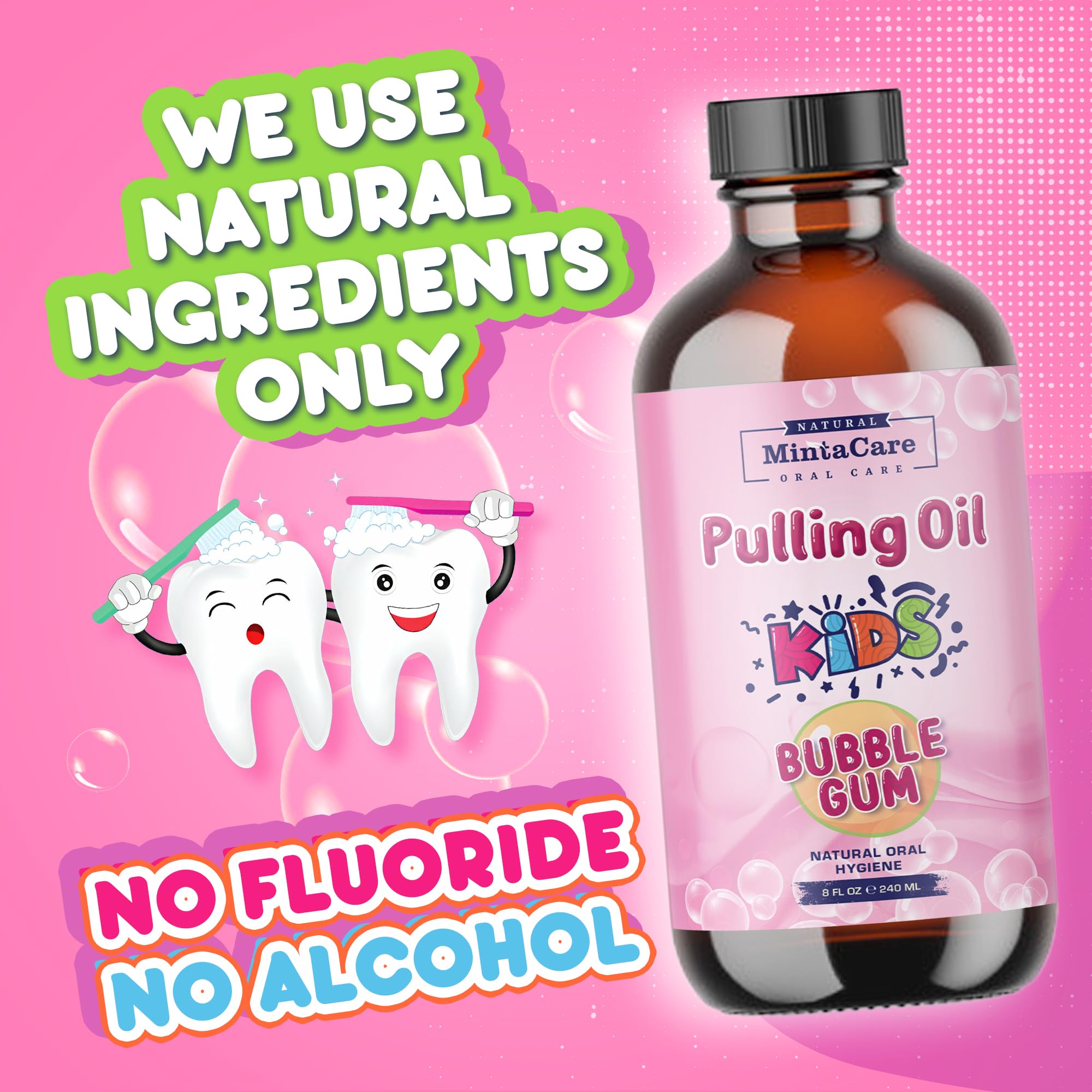 Mintacare All Natural Organic Oil Pulling for Kids – Bubble Gum Mouthwash, Fluoride & Alcohol Free, Made in USA, 8oz