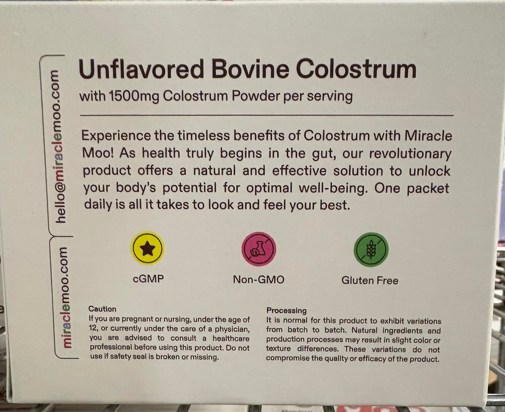 Miracle Moo Bovine Colostrum Supplement - 30 Unflavored Packets, 1500mg, Non-GMO, Gluten Free