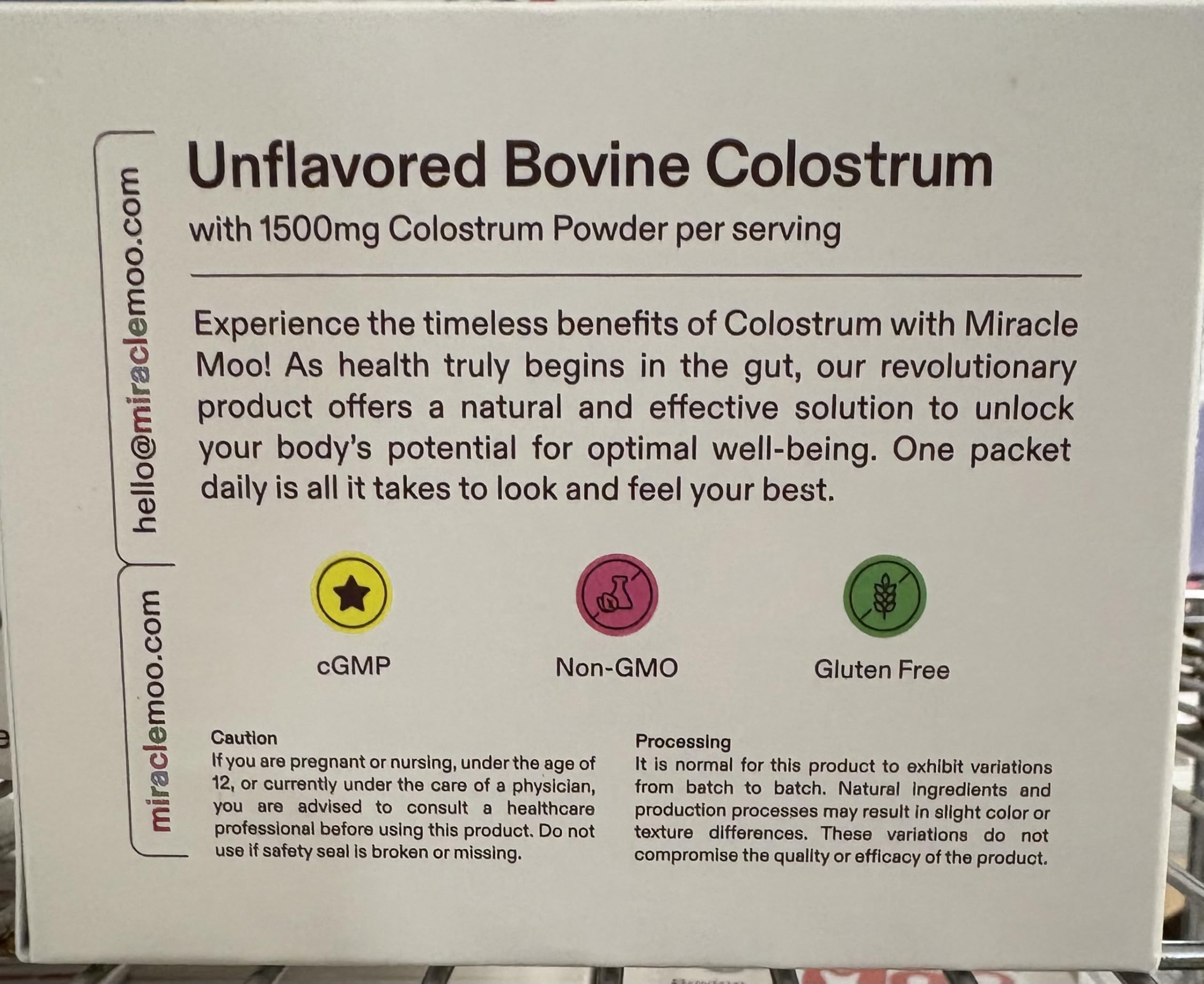 Miracle Moo Bovine Colostrum Supplement - 30 Unflavored Packets, 1500mg, Non-GMO, Gluten Free