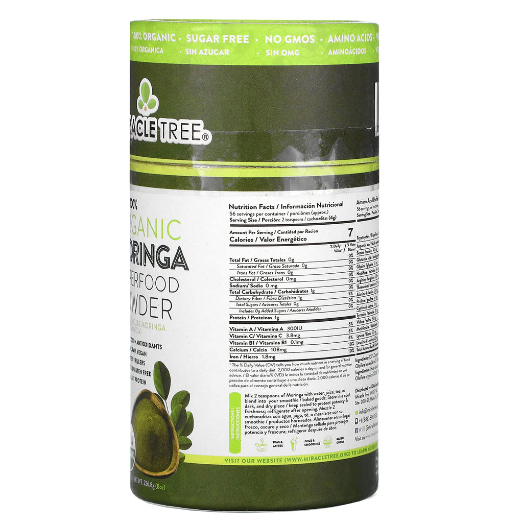 Miracle Tree 100% Organic Moringa Superfood Powder - 8 oz (226.8 g) | Organic, Vegan, Non-GMO