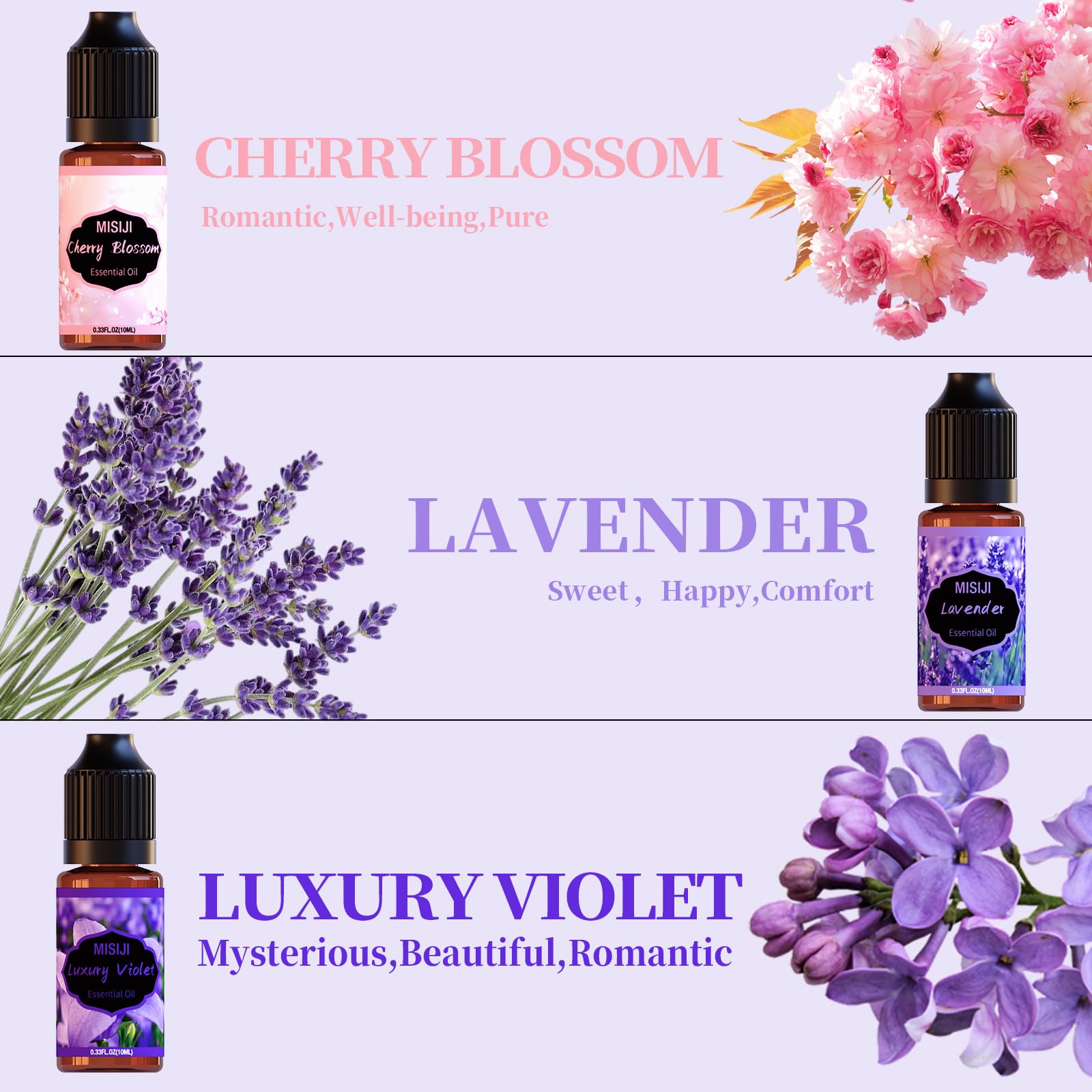 MISIJI Floral Essential Oils for Diffuser – 6x10mL (Cherry Blossom, Mystery Rose, Rosemary, Vanilla, Lavender, Luxury Violet)