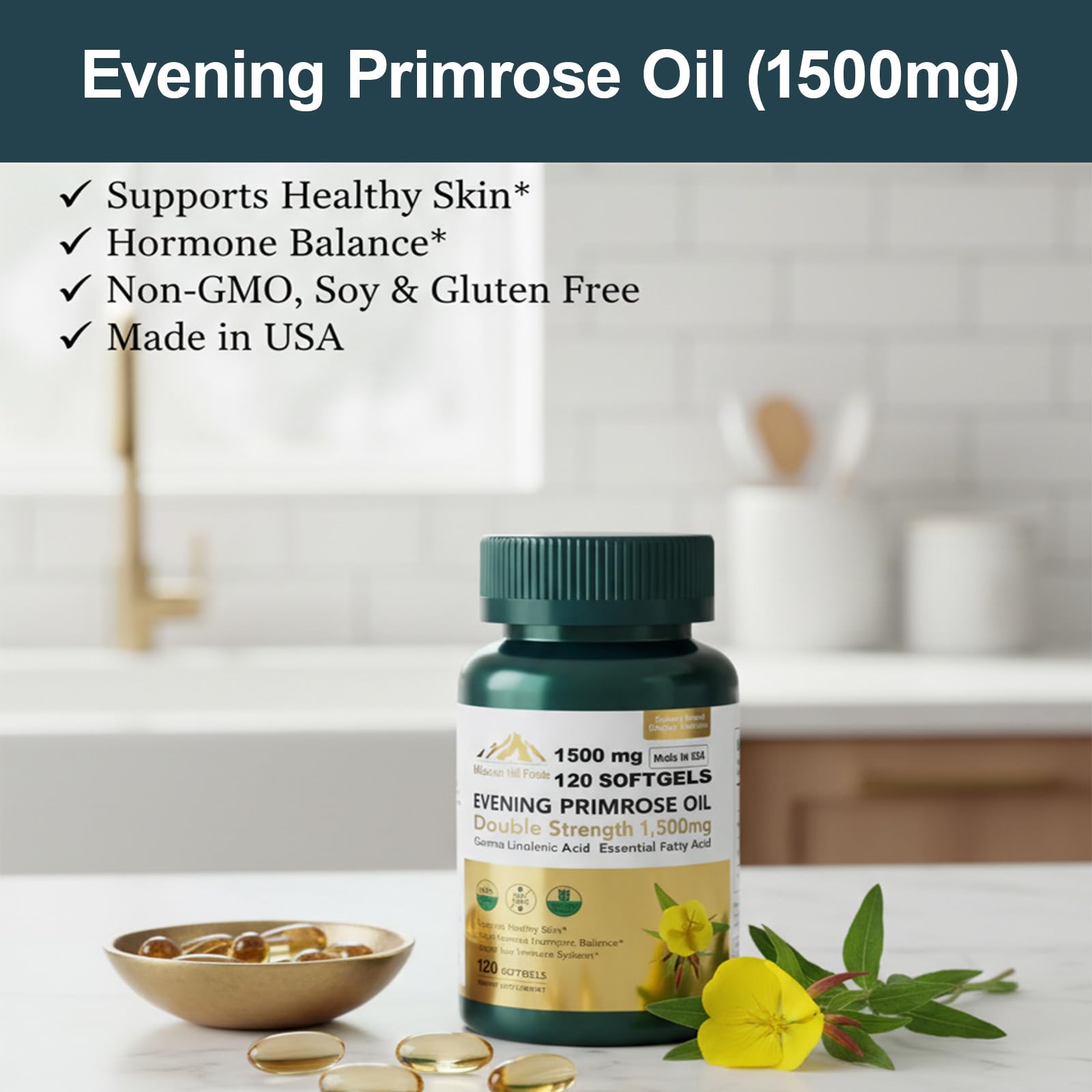 Mission Hill Foods 1500mg Evening Primrose Oil Capsules for Women | Hormonal Balance & Skin Health (2-Month Supply)