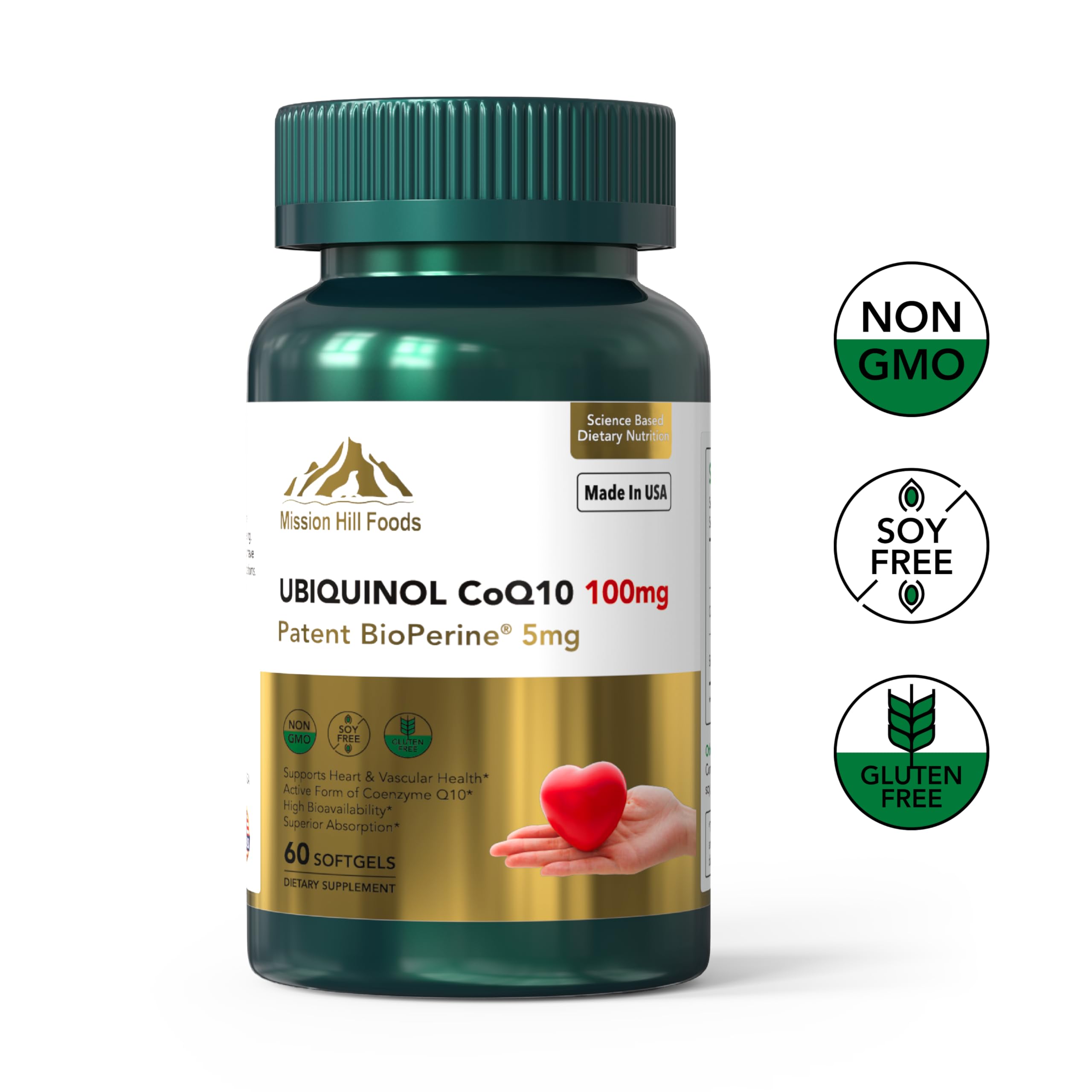 Mission Hill Foods Ubiquinol CoQ10 + BioPerine 100mg – Heart Health Antioxidant, 60 Softgels (2-Month Supply) | Non-GMO & Gluten Free