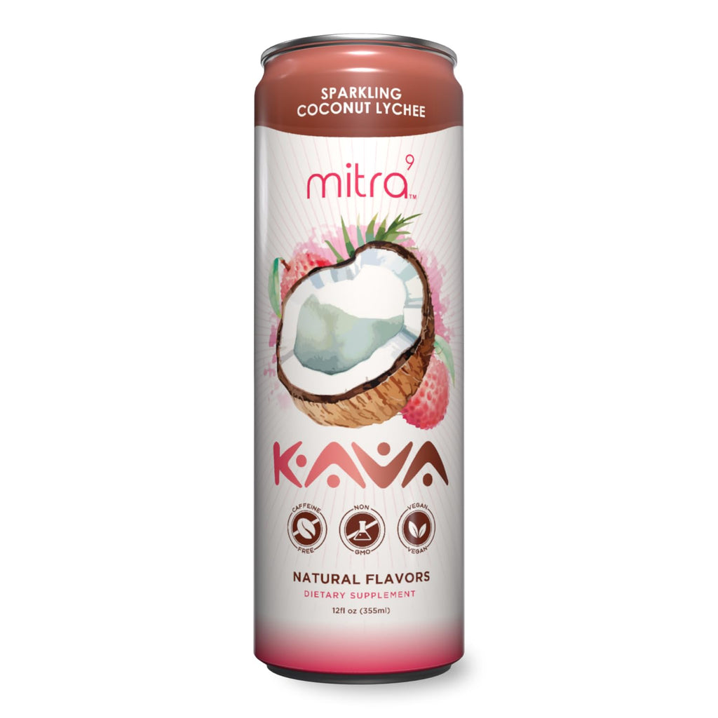 MITRA9 Botanical Beverages Coconut Lychee Sparkling Kava Drink — Mood Enhancer & Natural Calm (12 Fl Oz)