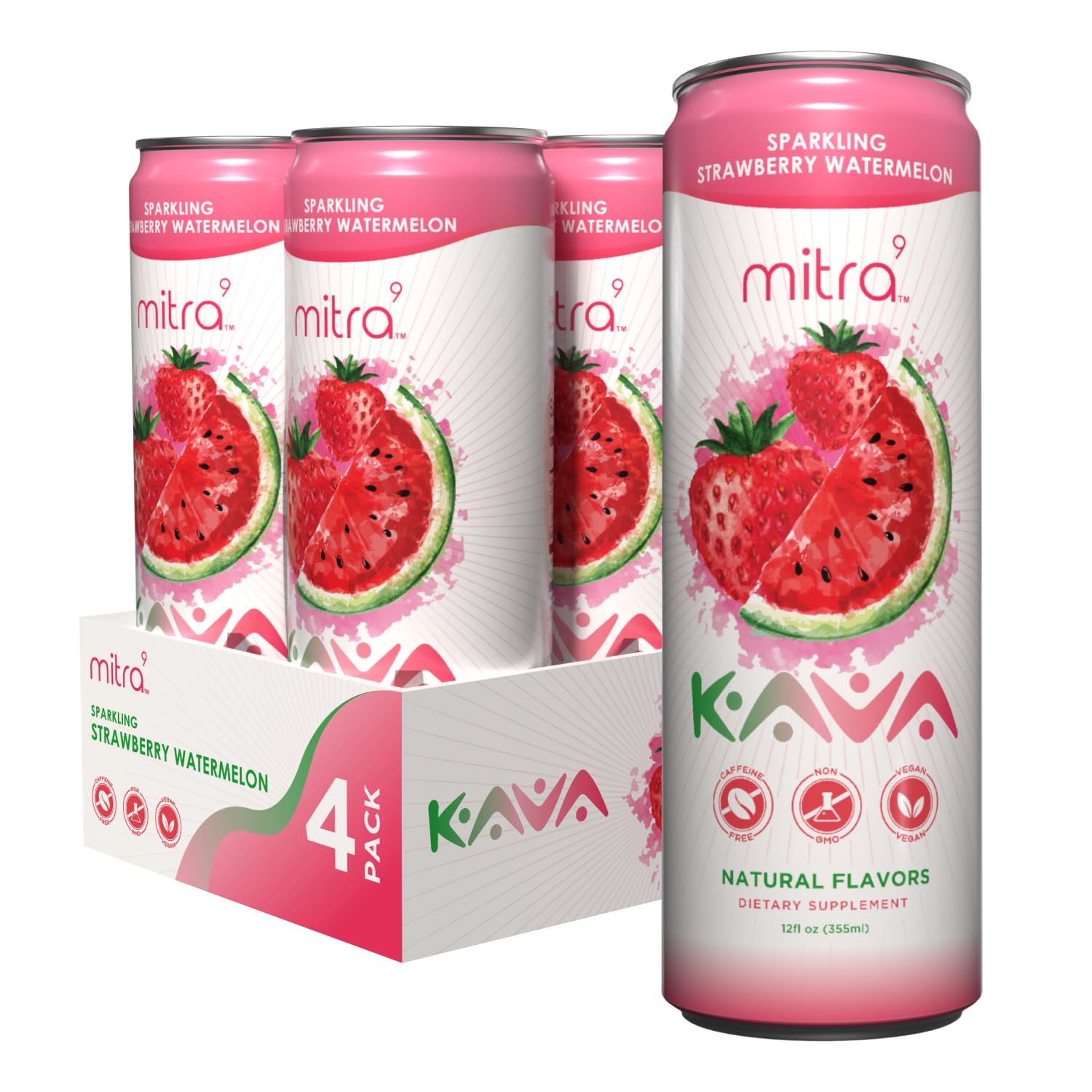 MITRA9 Botanical Beverages - Strawberry Watermelon Sparkling Kava Drink | Mood Enhancer & Natural Calm (12 fl oz)