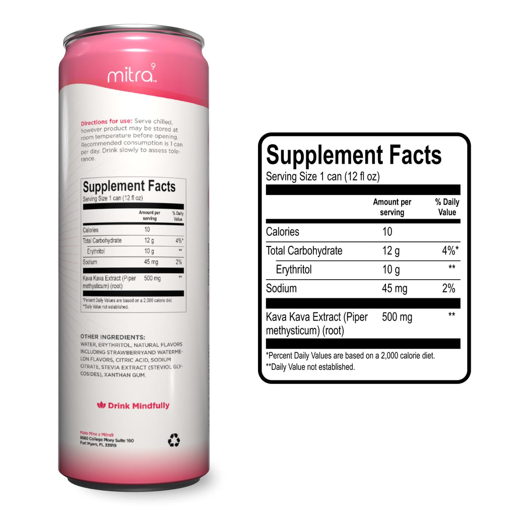 MITRA9 Botanical Beverages - Strawberry Watermelon Sparkling Kava Drink | Mood Enhancer & Natural Calm (12 fl oz)