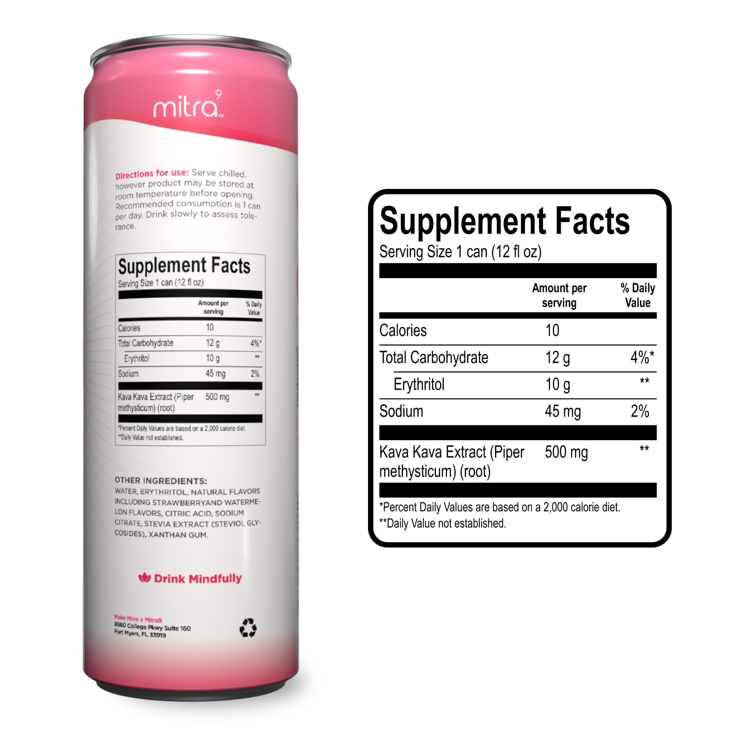 MITRA9 Botanical Beverages - Strawberry Watermelon Sparkling Kava Drink | Mood Enhancer & Natural Calm (12 fl oz)
