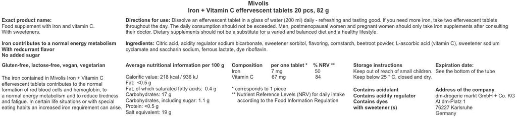 Mivolis Iron + Vitamin C Effervescent Tablets - 4 Packs x 20 Tablets | Germany