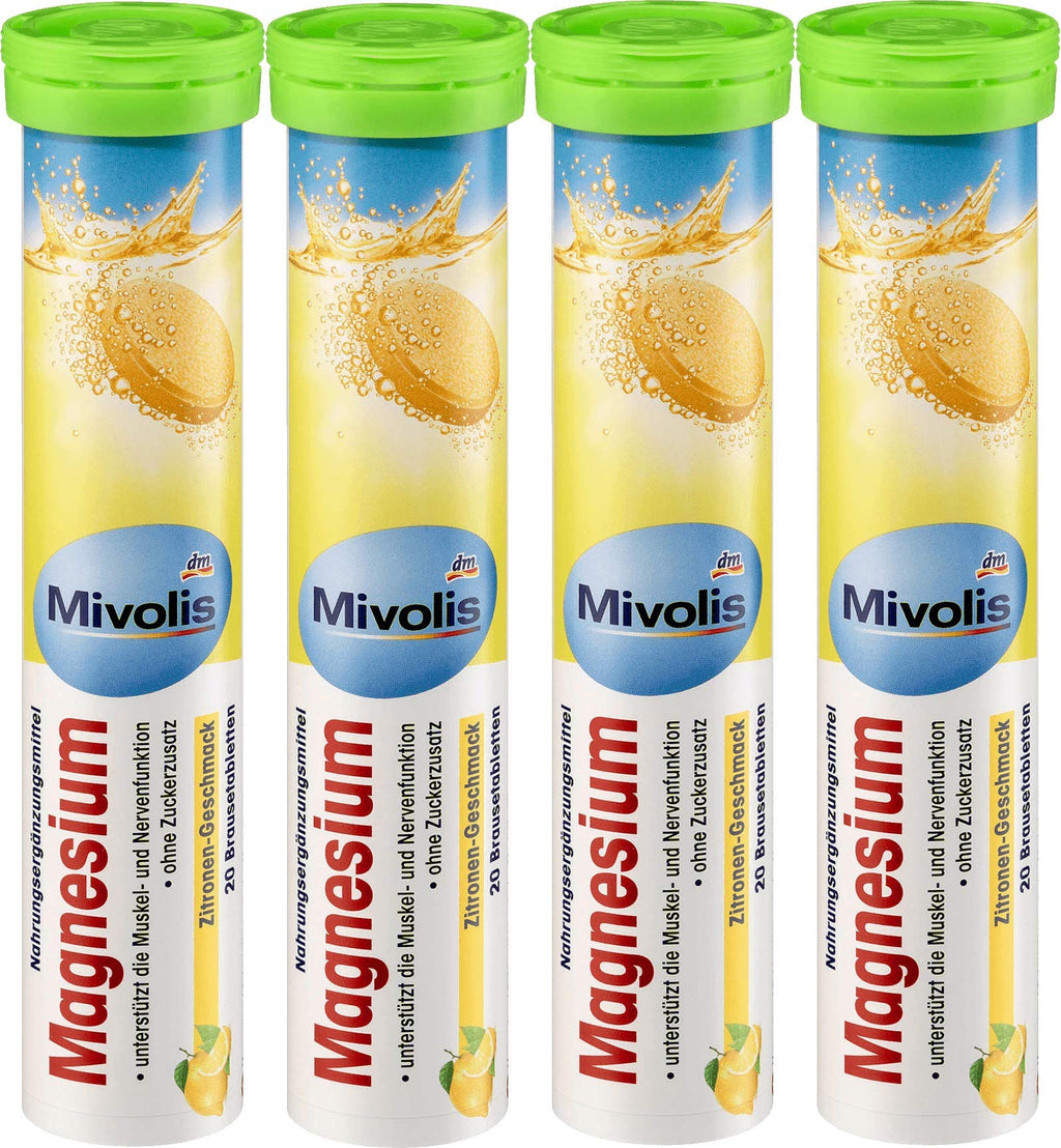 Mivolis Magnesium Effervescent Tablets - Dietary Supplements 4 Packs x 20 pcs | Germany