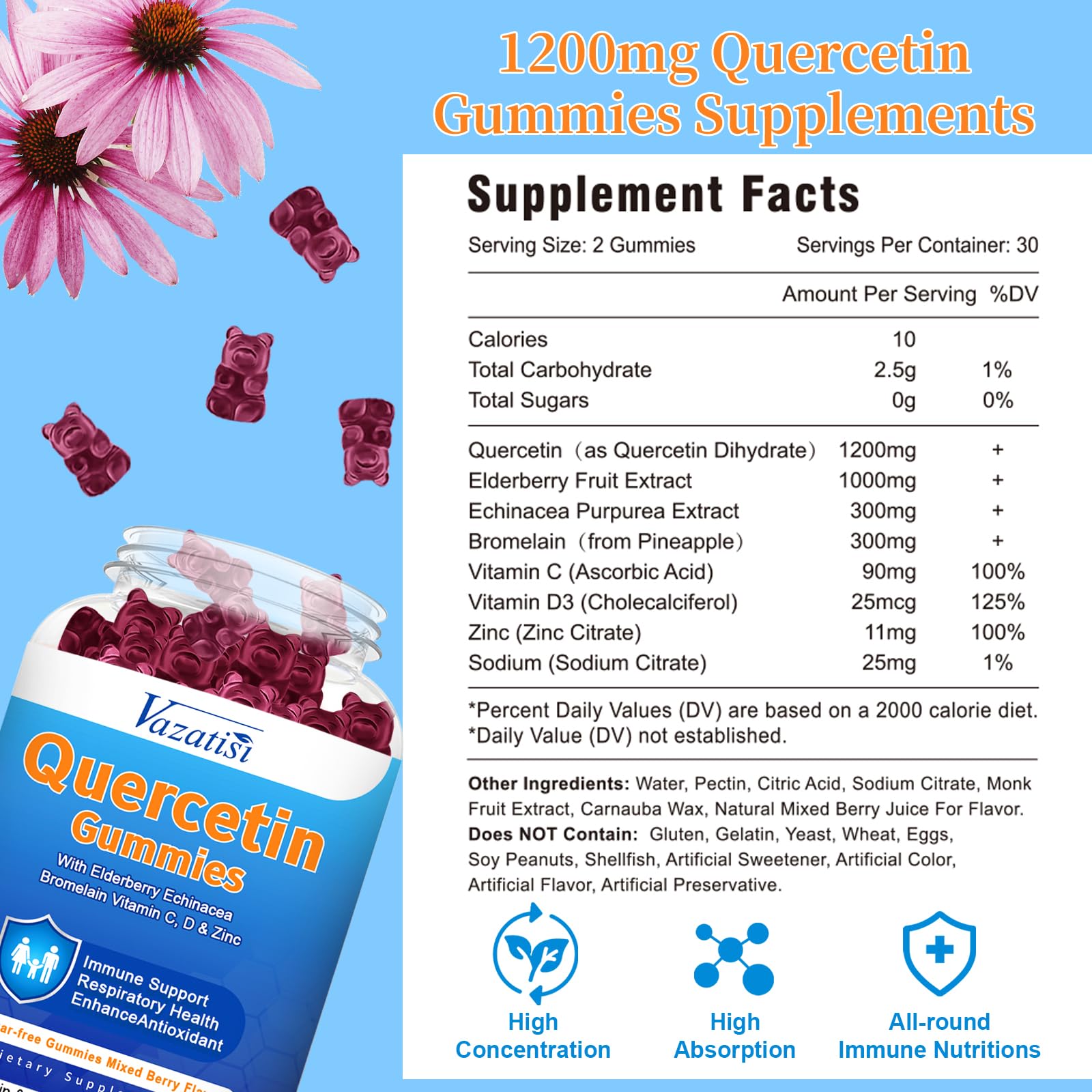 2 Pack Quercetin Gummies with Bromelain – Immune Support, Vegan, Mixed Berry